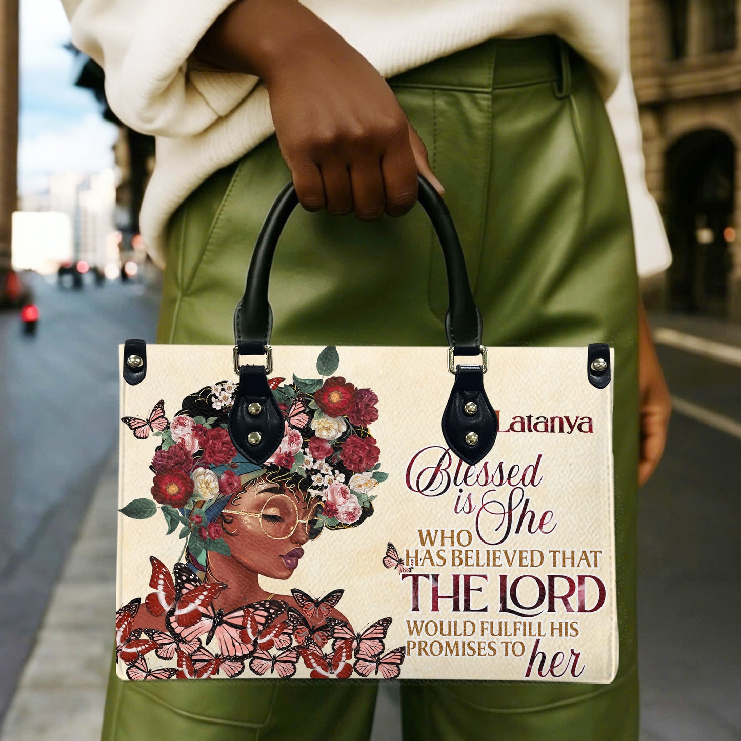 Blessed Is She Who Has Believed That The Lord Would Fulfill His Promises To Her (Cream 2) - Personalized Leather Handbag YA1-Ha