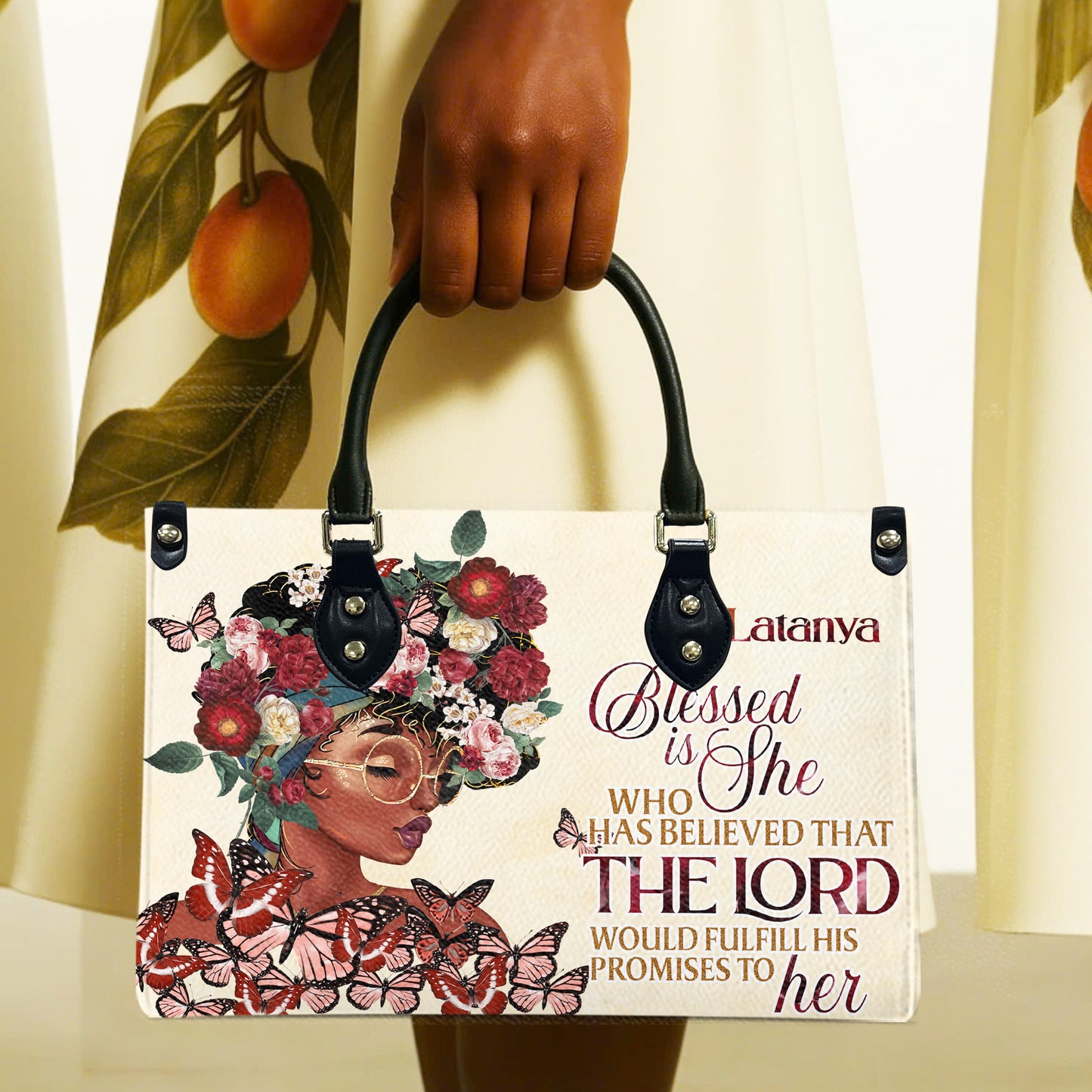 Blessed Is She Who Has Believed That The Lord Would Fulfill His Promises To Her (Cream 2) - Personalized Leather Handbag YA1-Ha