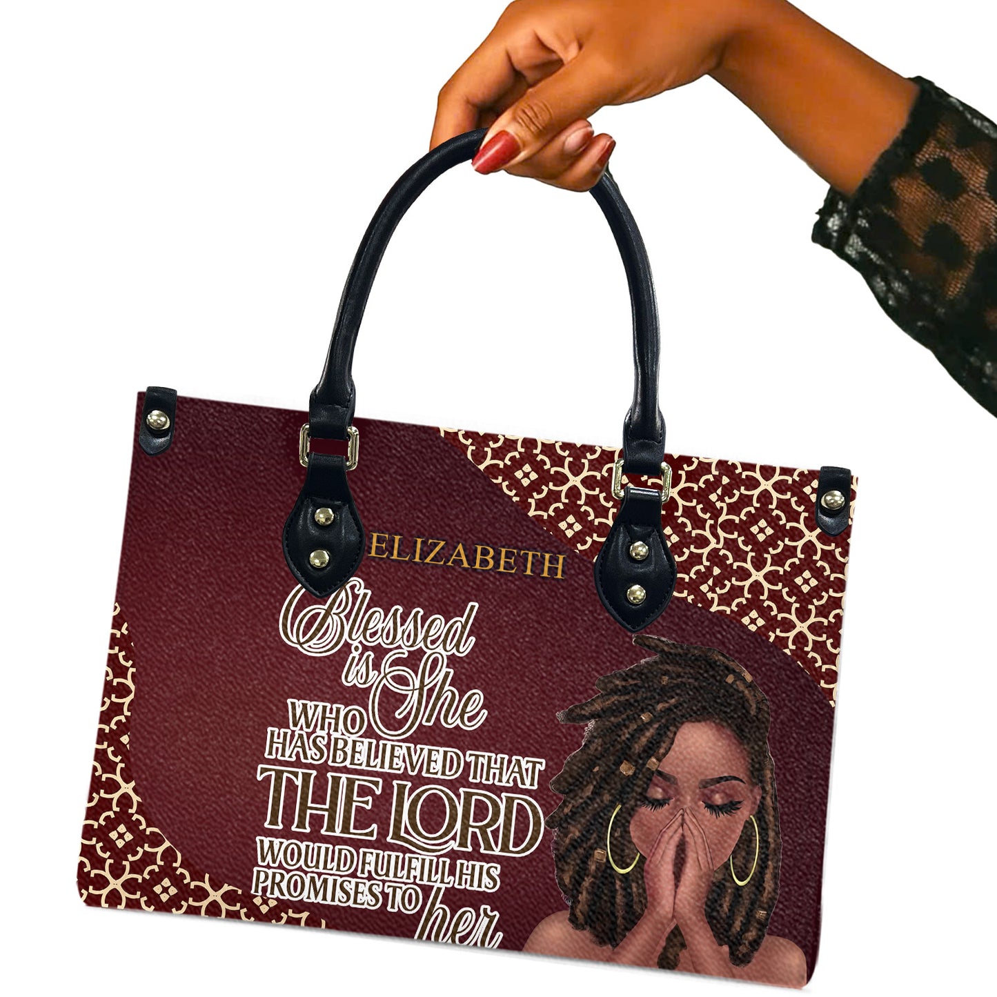 Blessed Is She Who Has Believed That The Lord Would Fulfill His Promises To Her (Maroon) - Personalized Leather Handbag YA1-Ha