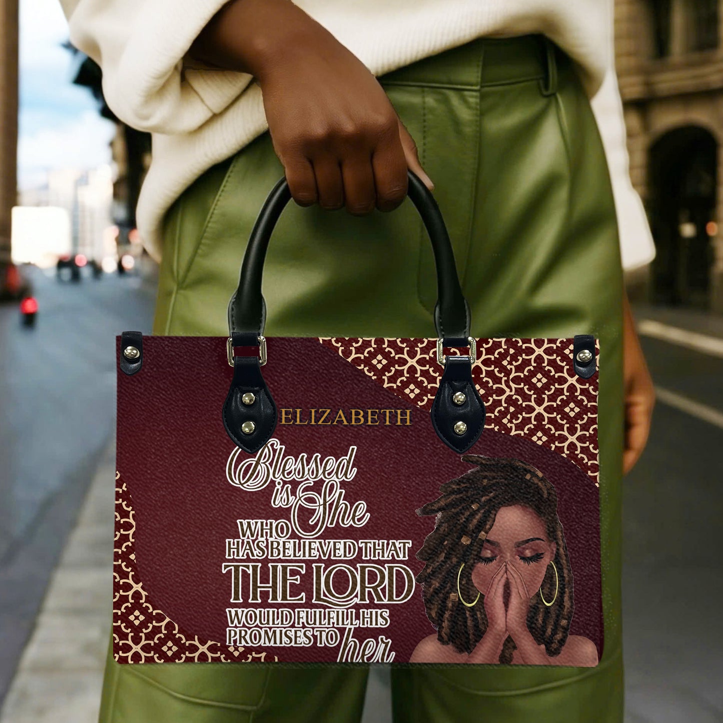 Blessed Is She Who Has Believed That The Lord Would Fulfill His Promises To Her (Maroon) - Personalized Leather Handbag YA1-Ha