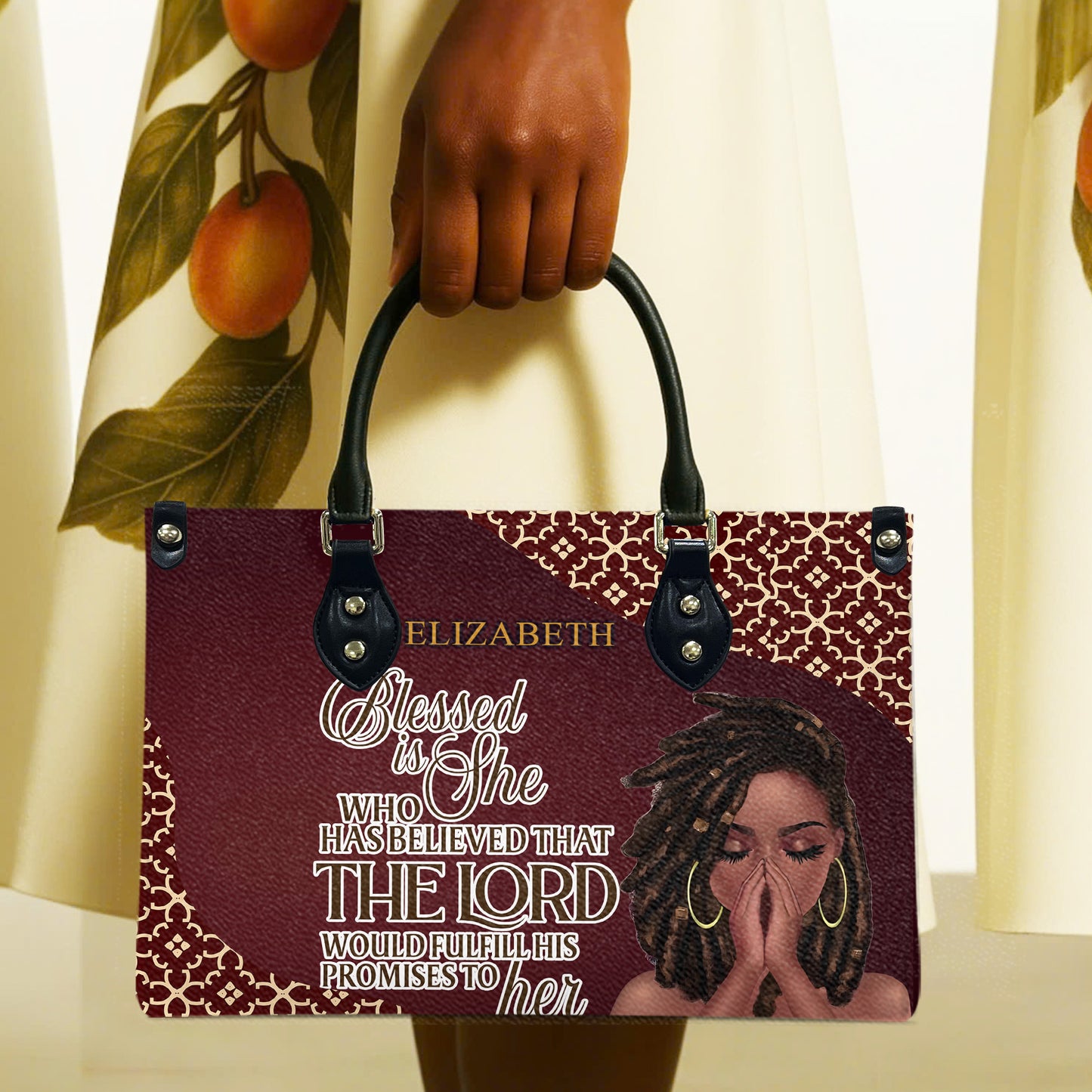 Blessed Is She Who Has Believed That The Lord Would Fulfill His Promises To Her (Maroon) - Personalized Leather Handbag YA1-Ha