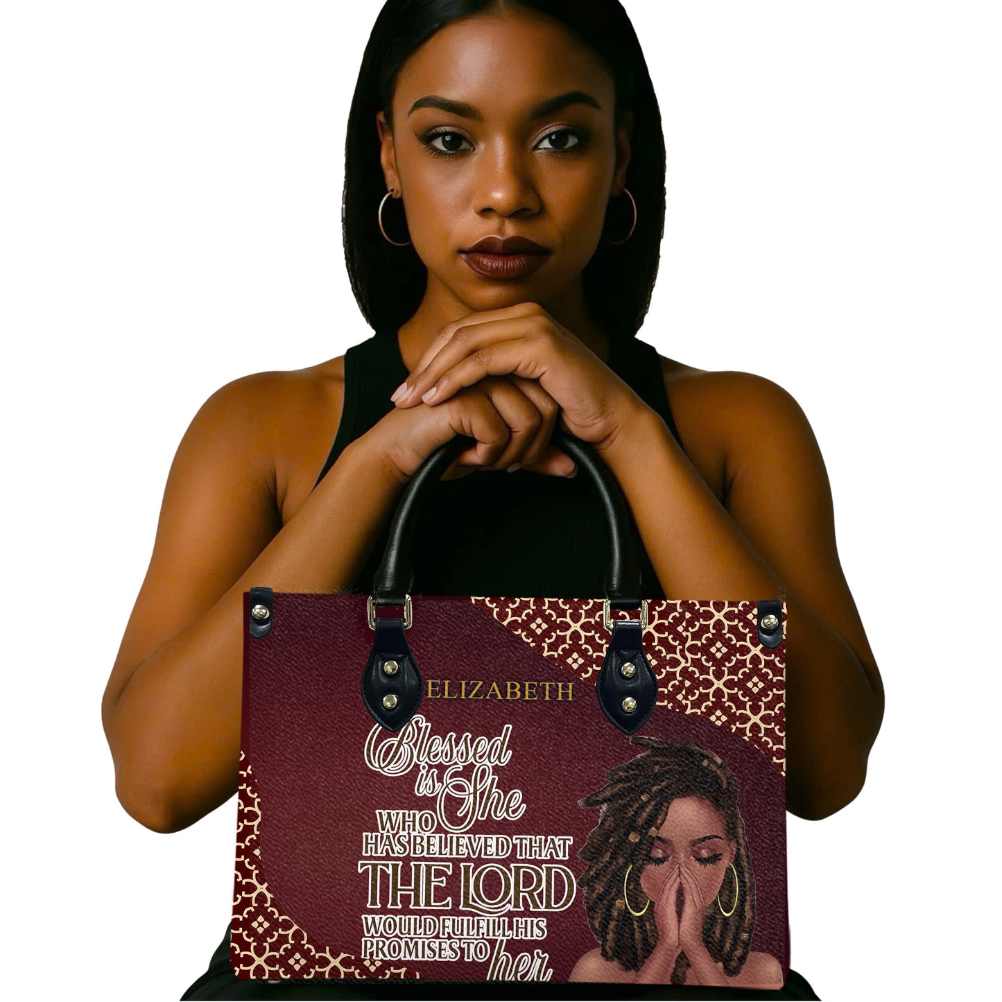 Blessed Is She Who Has Believed That The Lord Would Fulfill His Promises To Her (Maroon) - Personalized Leather Handbag YA1-Ha