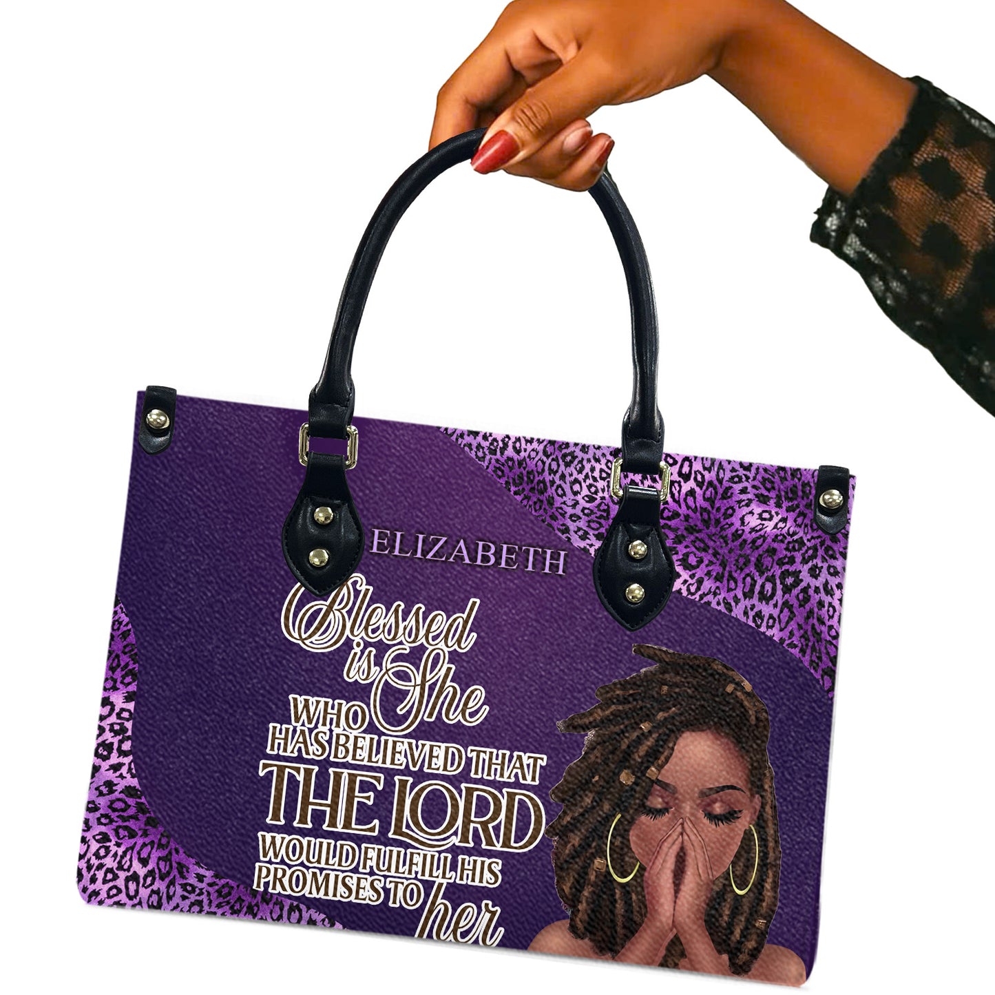 Blessed Is She Who Has Believed That The Lord Would Fulfill His Promises To Her (Purple Leopard) - Personalized Leather Handbag YA1-Ha