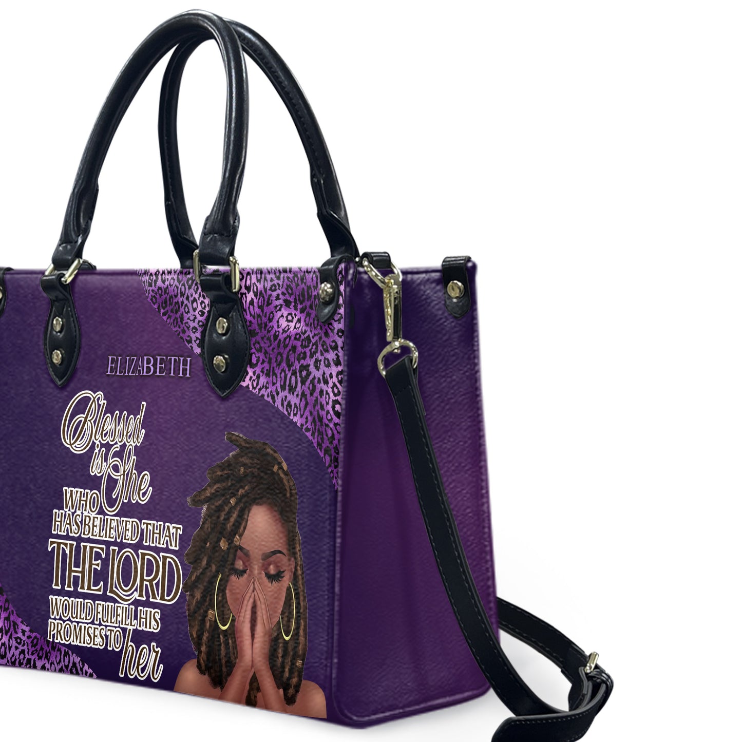 Blessed Is She Who Has Believed That The Lord Would Fulfill His Promises To Her (Purple Leopard) - Personalized Leather Handbag YA1-Ha