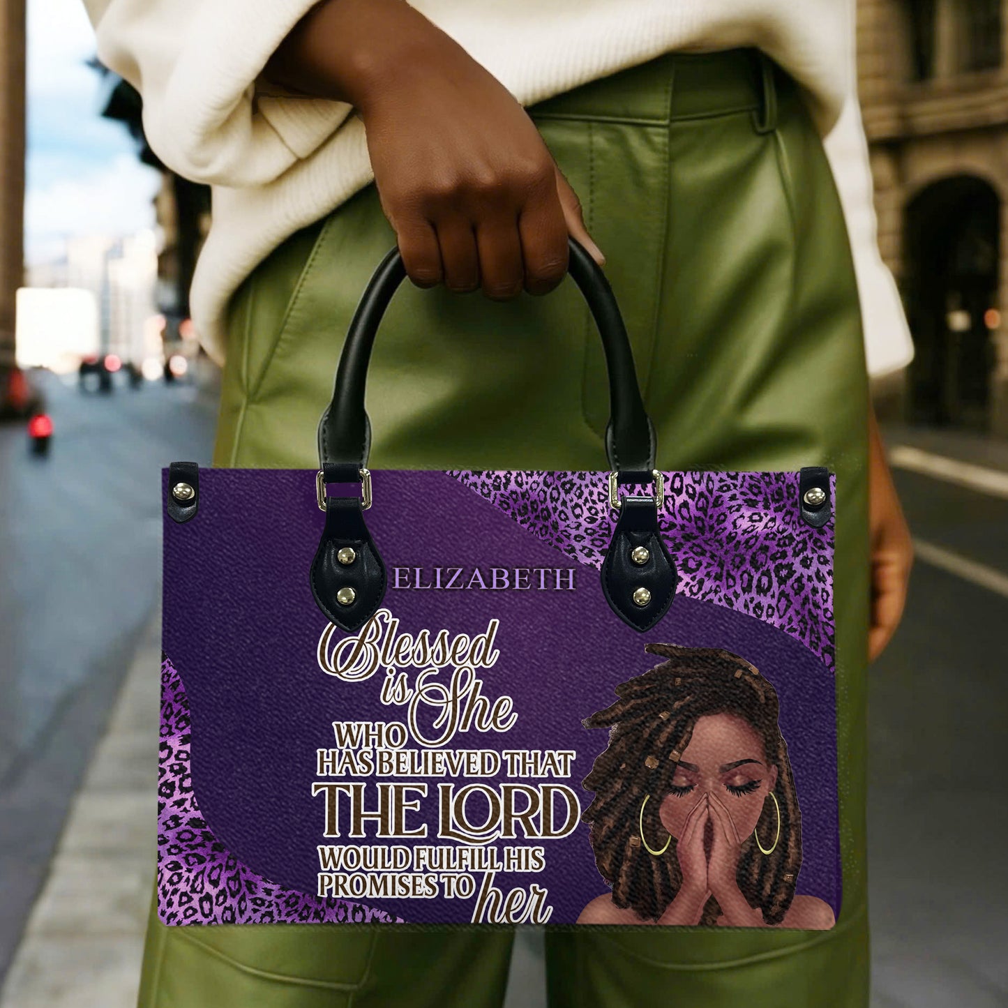 Blessed Is She Who Has Believed That The Lord Would Fulfill His Promises To Her (Purple Leopard) - Personalized Leather Handbag YA1-Ha