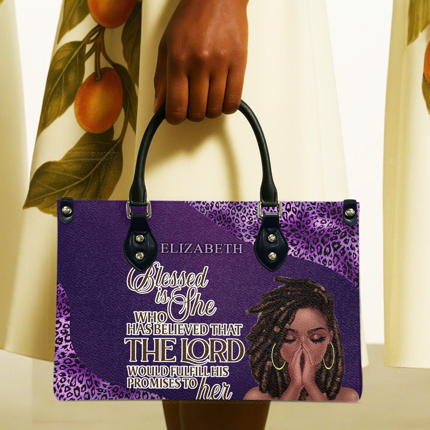 Blessed Is She Who Has Believed That The Lord Would Fulfill His Promises To Her (Purple Leopard) - Personalized Leather Handbag YA1-Ha