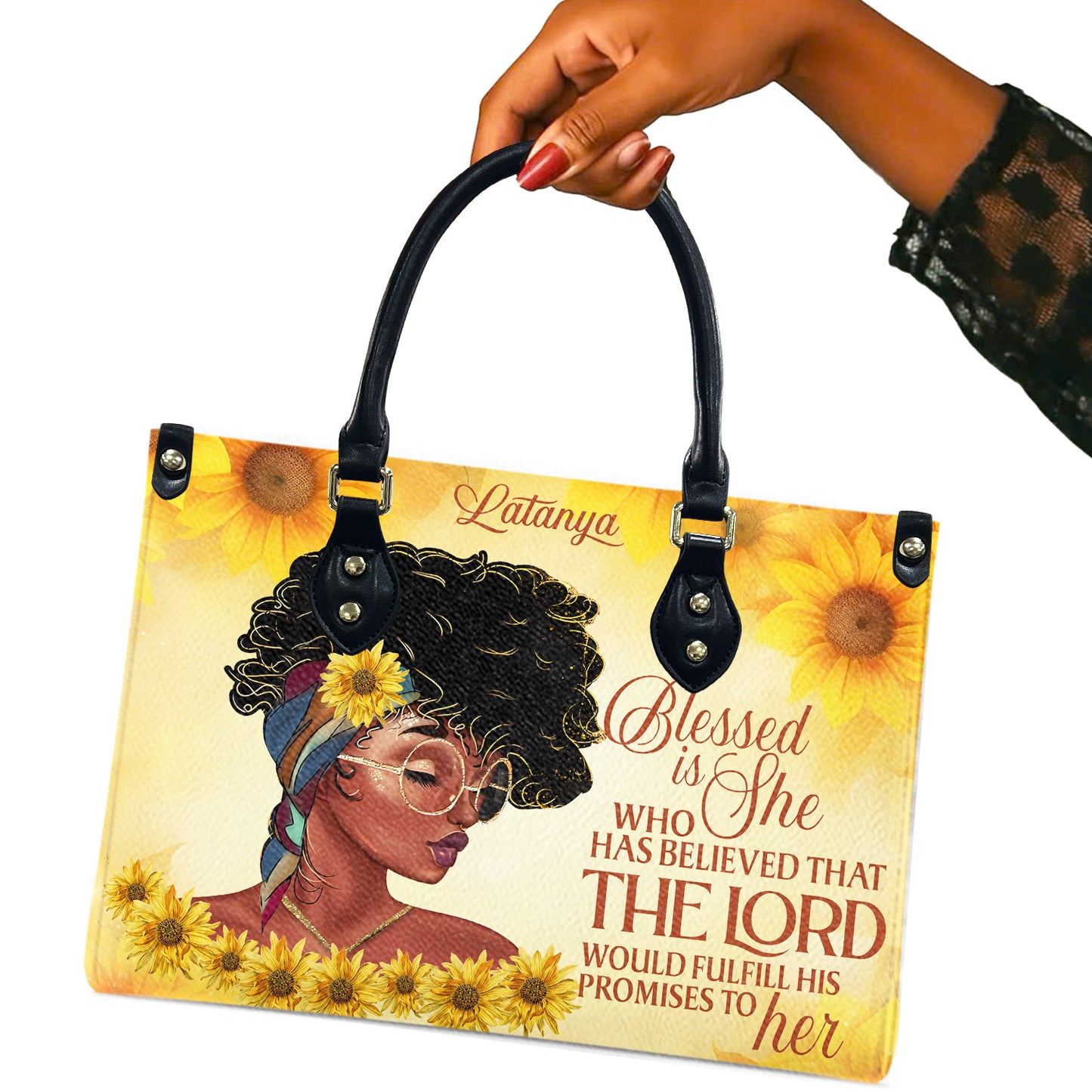 Blessed Is She Who Has Believed That The Lord Would Fulfill His Promises To Her (Sunflower) - Personalized Leather Handbag YA1-Ha