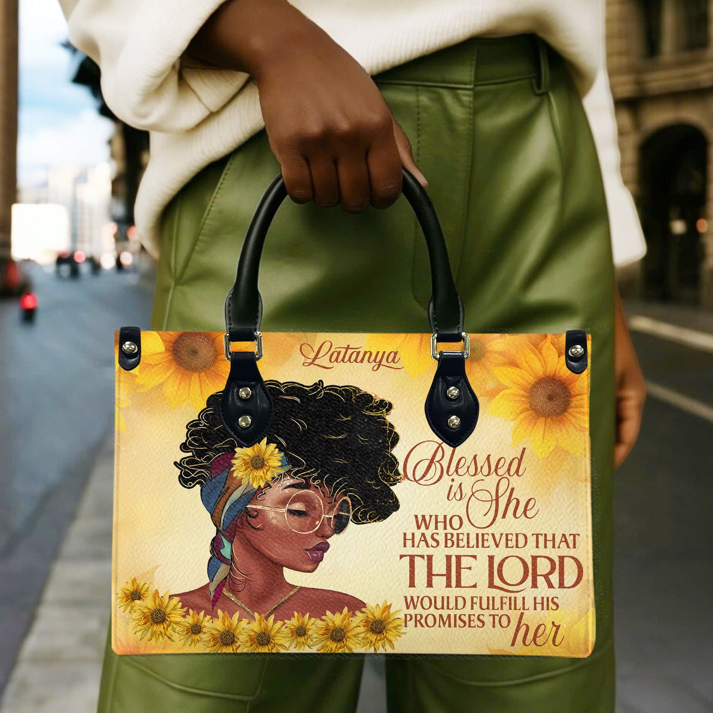 Blessed Is She Who Has Believed That The Lord Would Fulfill His Promises To Her (Sunflower) - Personalized Leather Handbag YA1-Ha