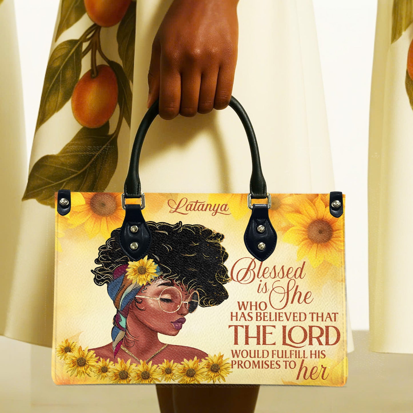 Blessed Is She Who Has Believed That The Lord Would Fulfill His Promises To Her (Sunflower) - Personalized Leather Handbag YA1-Ha