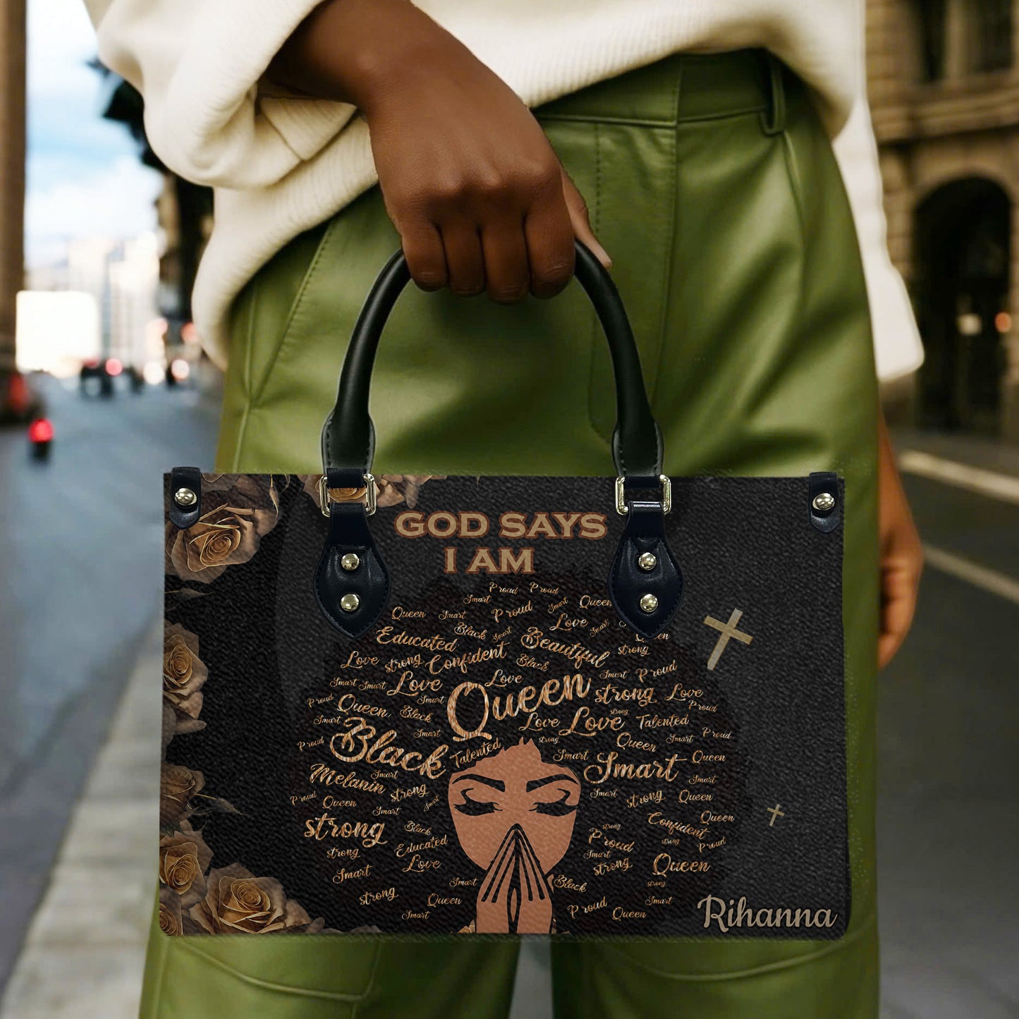 God Says I Am (Black) - Personalized Leather Handbag YA1-Ha