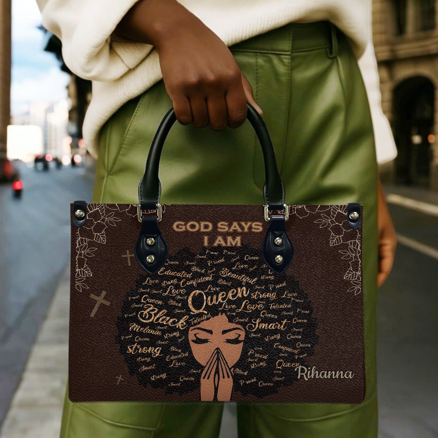 God Says I Am (Earth Brown) - Personalized Leather Handbag YA1-Ha
