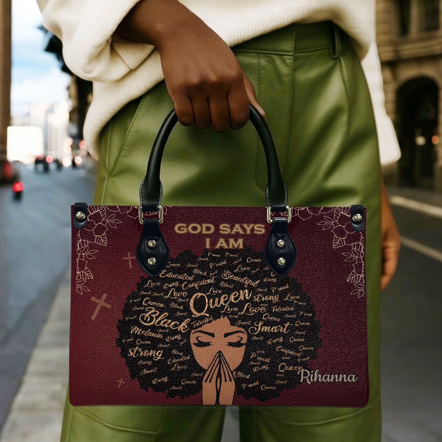 God Says I Am (Maroon) - Personalized Leather Handbag YA1-Ha
