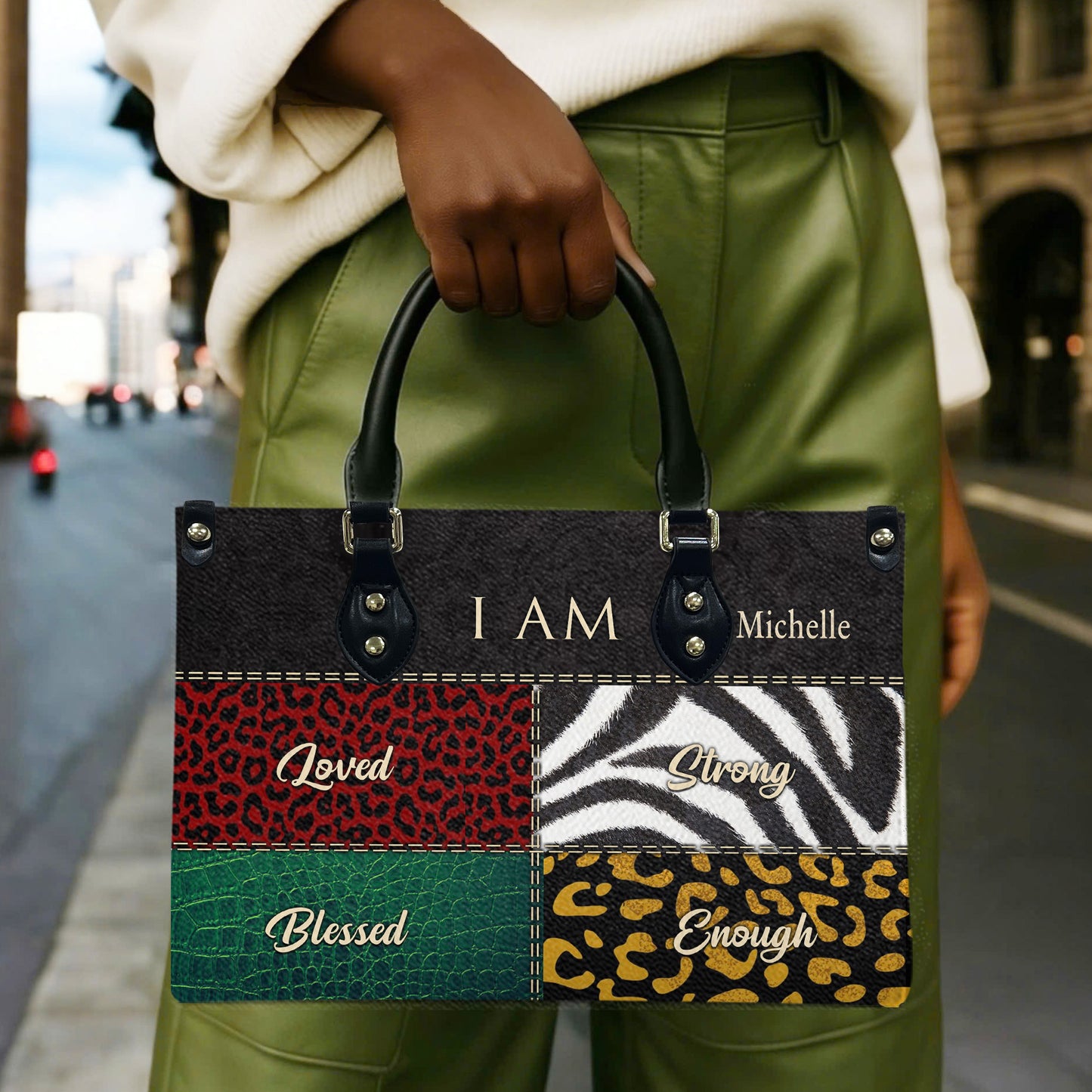 I Am (Black) - Personalized Leather Handbag YA2-Ha