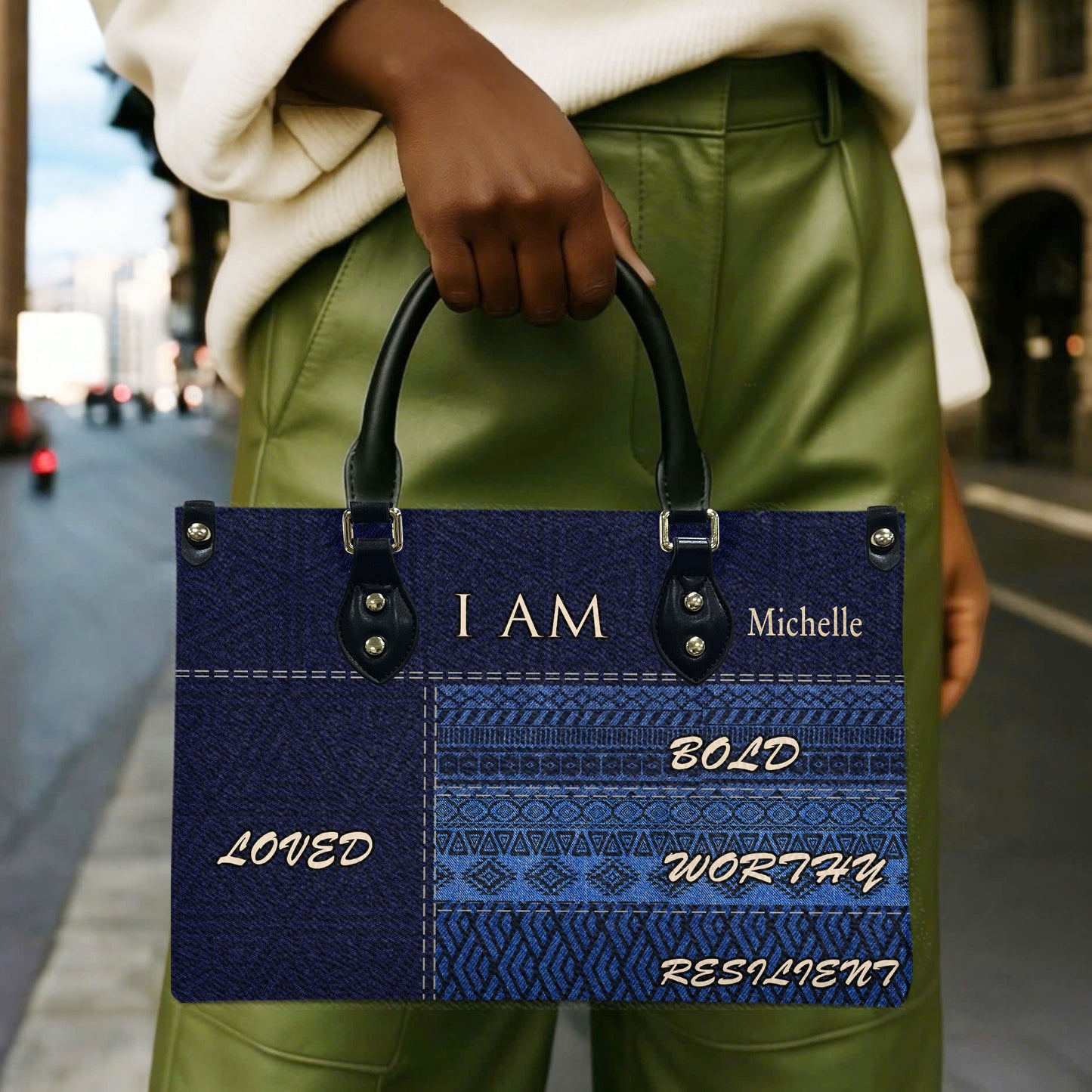 I Am (Denim) - Personalized Leather Handbag YA2-Ha