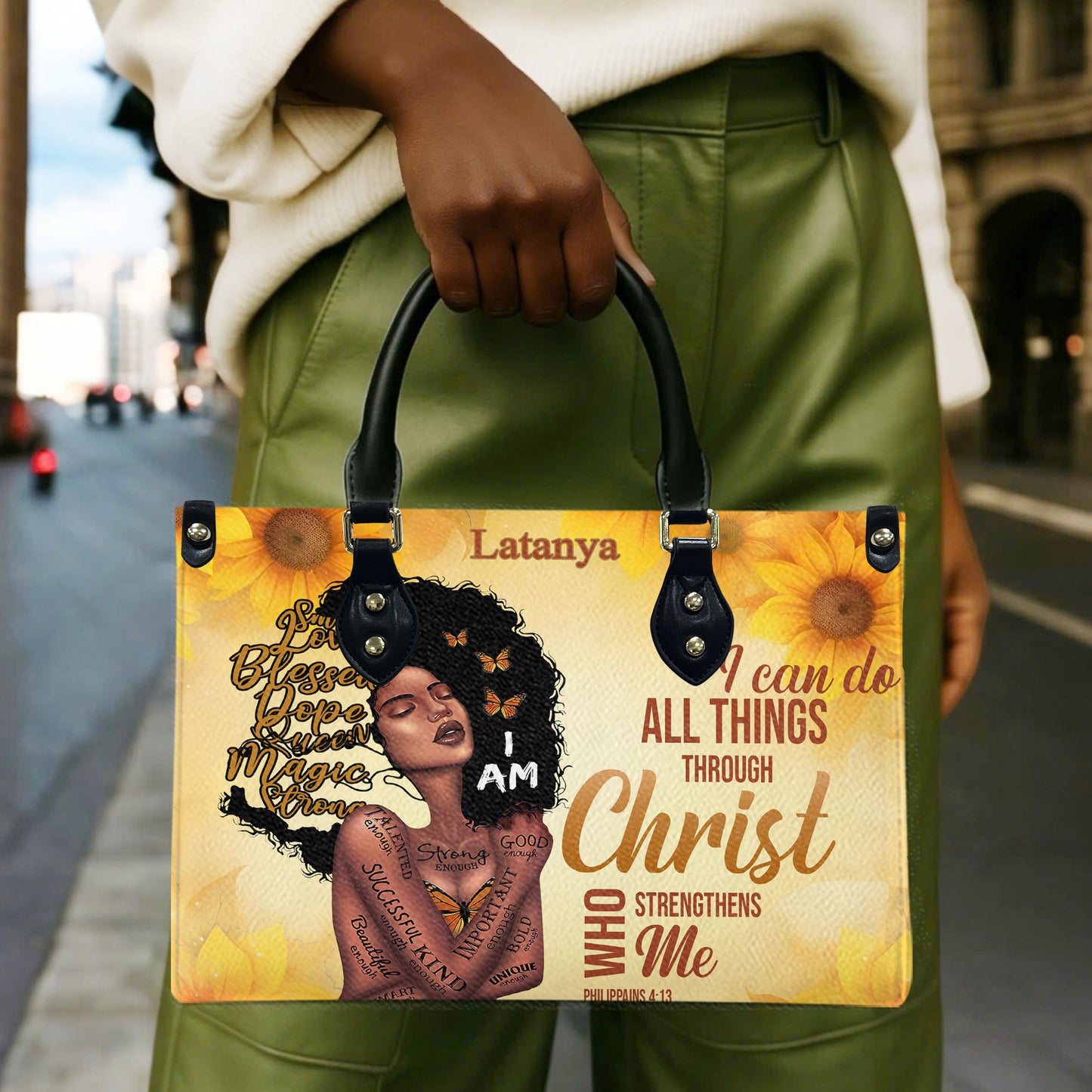 I Can Do All Things Through Christ Who Strengthens Me (Sunflower) - Personalized Leather Handbag YA1-Ha