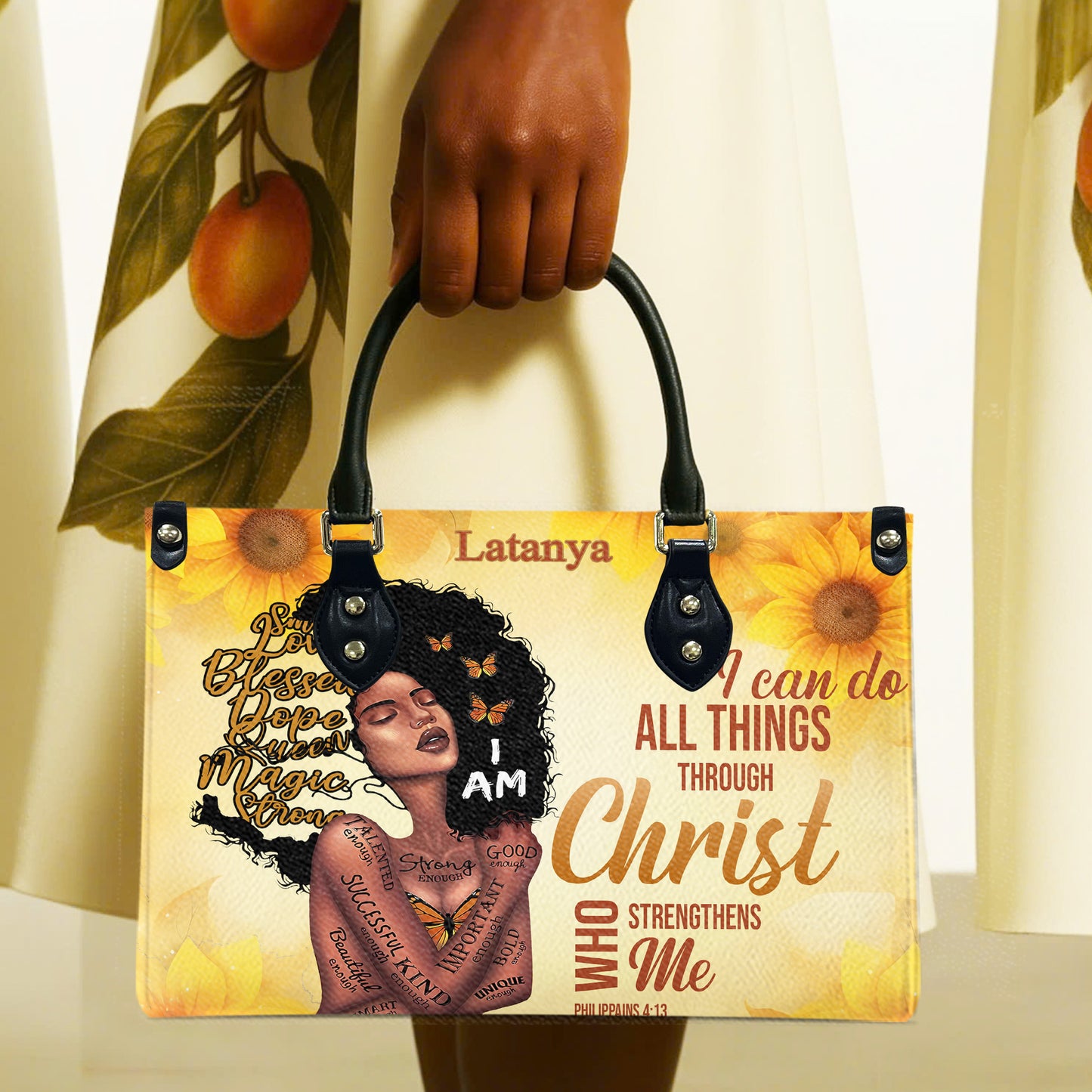 I Can Do All Things Through Christ Who Strengthens Me (Sunflower) - Personalized Leather Handbag YA1-Ha