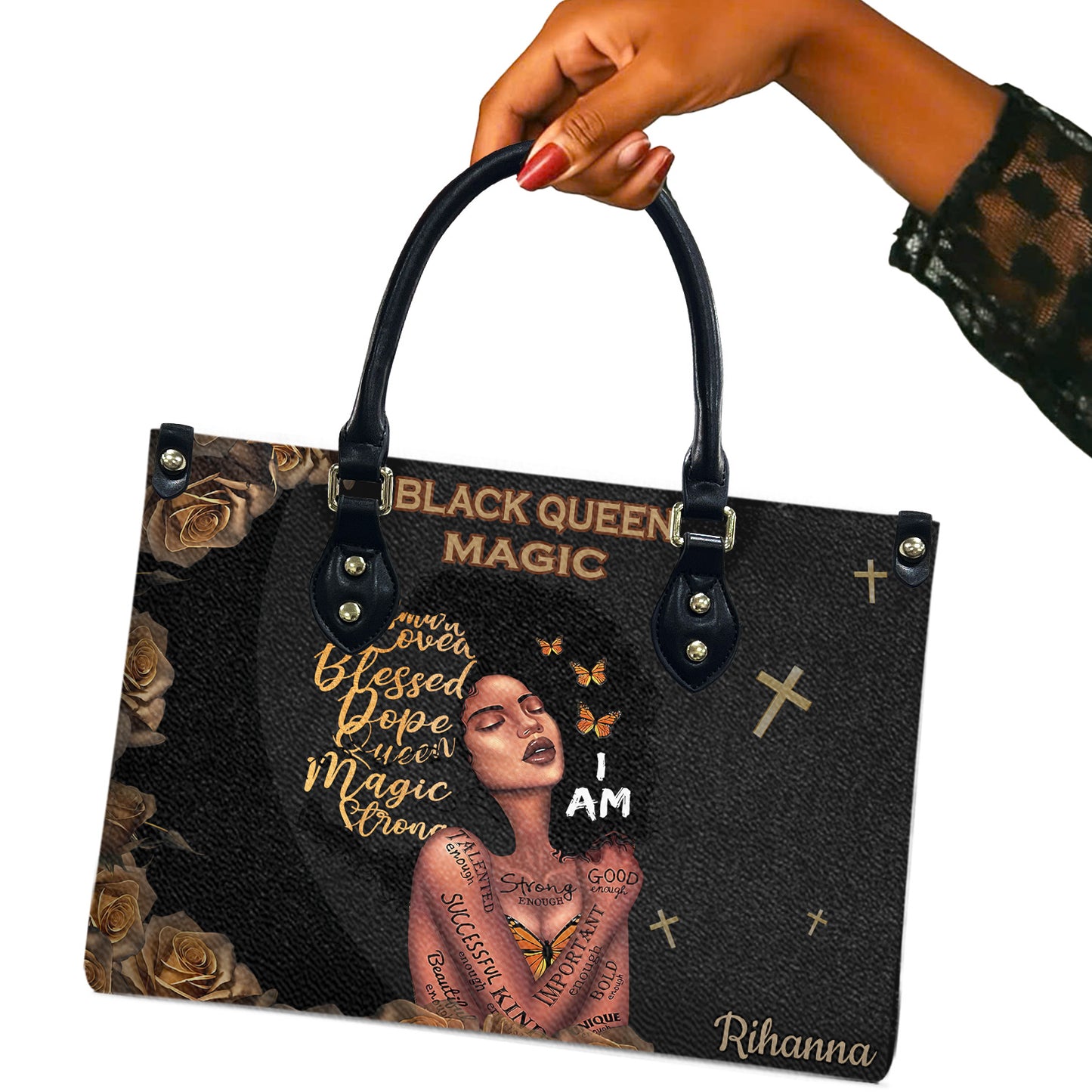 Queen (Black) - Personalized Leather Handbag YA2-Ha