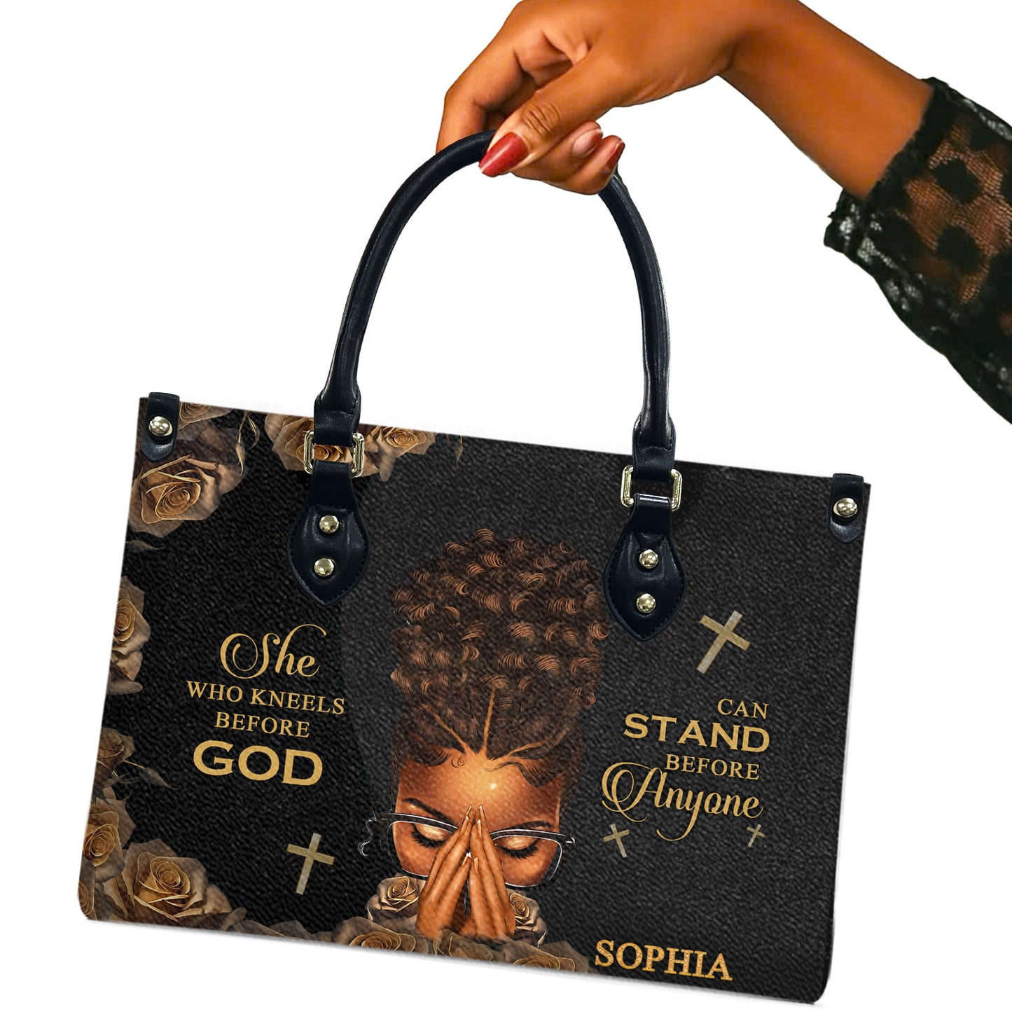 She Who Kneels Before God Can Stand Before Anyone (Black) - Personalized Leather Handbag YA1-Ha
