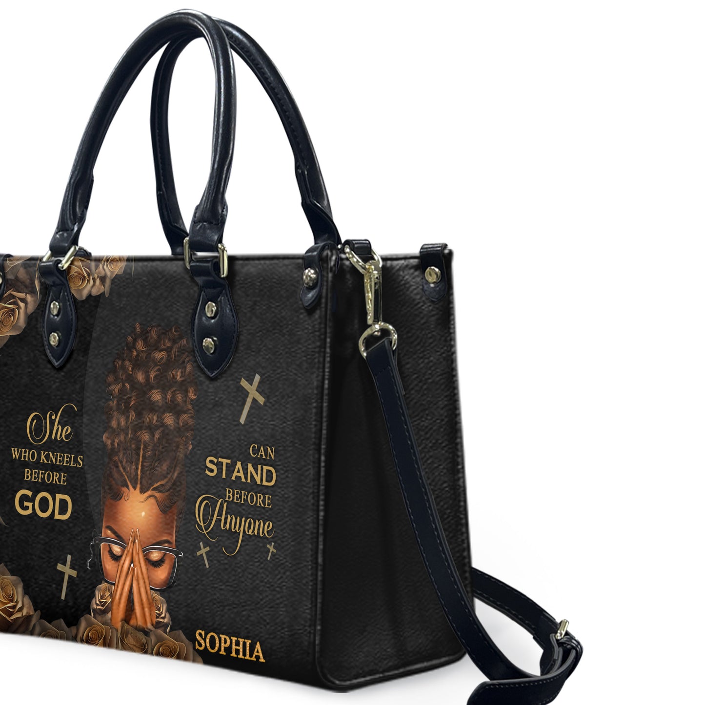 She Who Kneels Before God Can Stand Before Anyone (Black) - Personalized Leather Handbag YA1-Ha