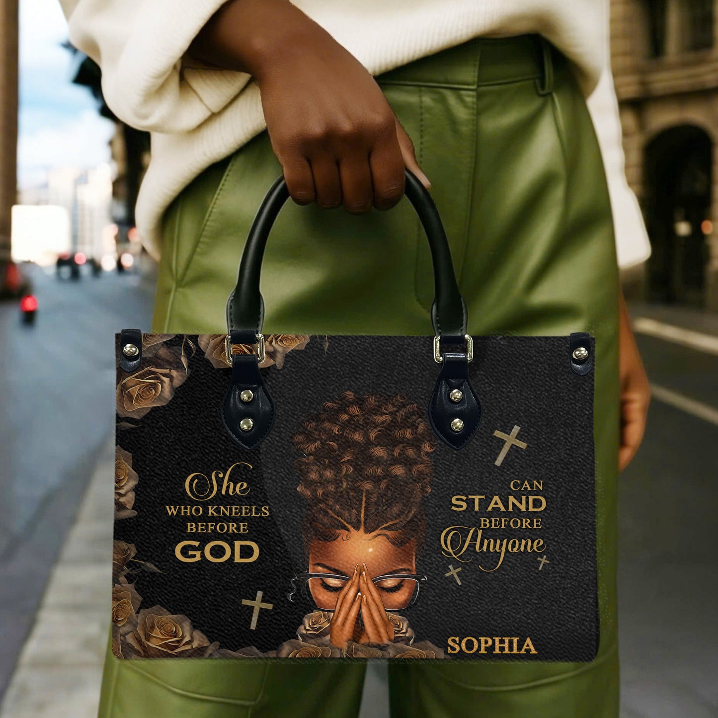 She Who Kneels Before God Can Stand Before Anyone (Black) - Personalized Leather Handbag YA1-Ha