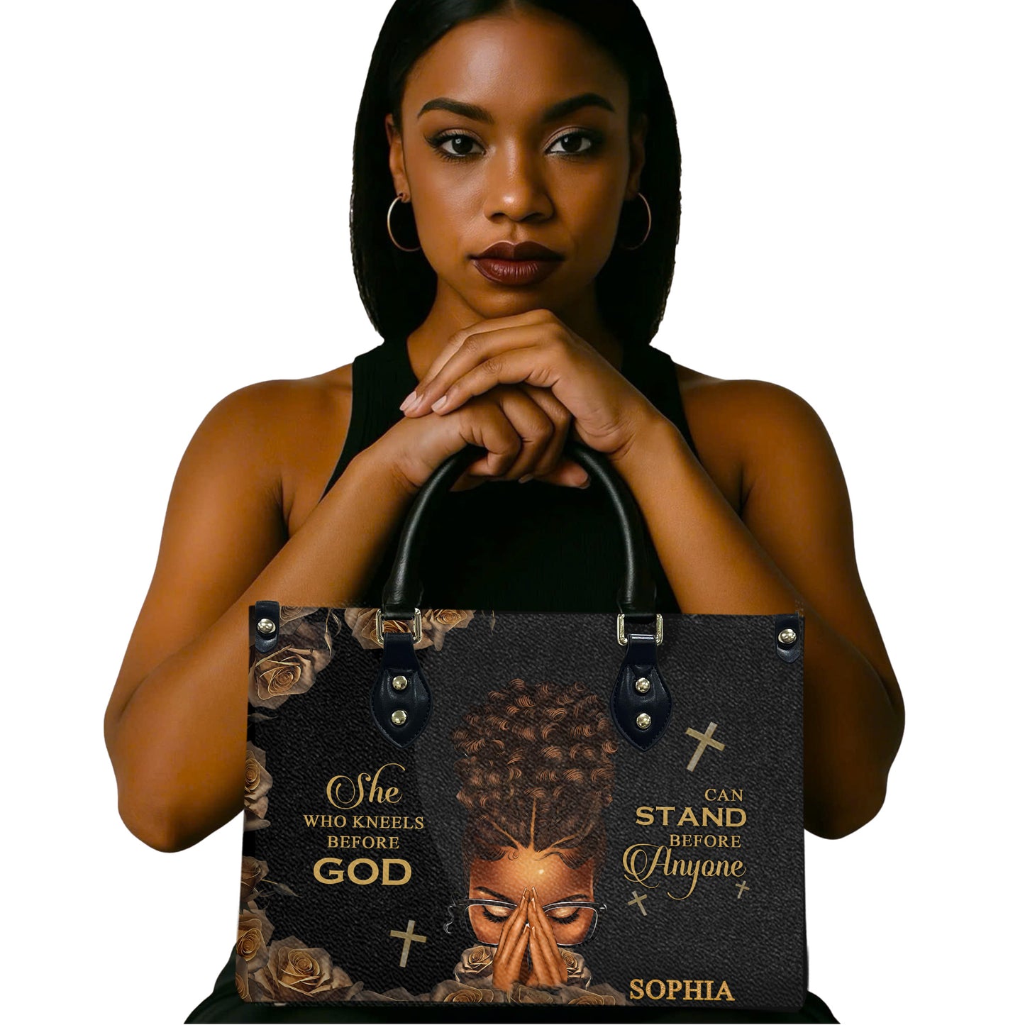 She Who Kneels Before God Can Stand Before Anyone (Black) - Personalized Leather Handbag YA1-Ha