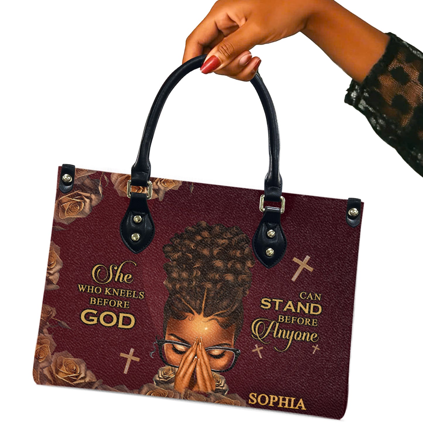 She Who Kneels Before God Can Stand Before Anyone (Maroon) - Personalized Leather Handbag YA1-Ha