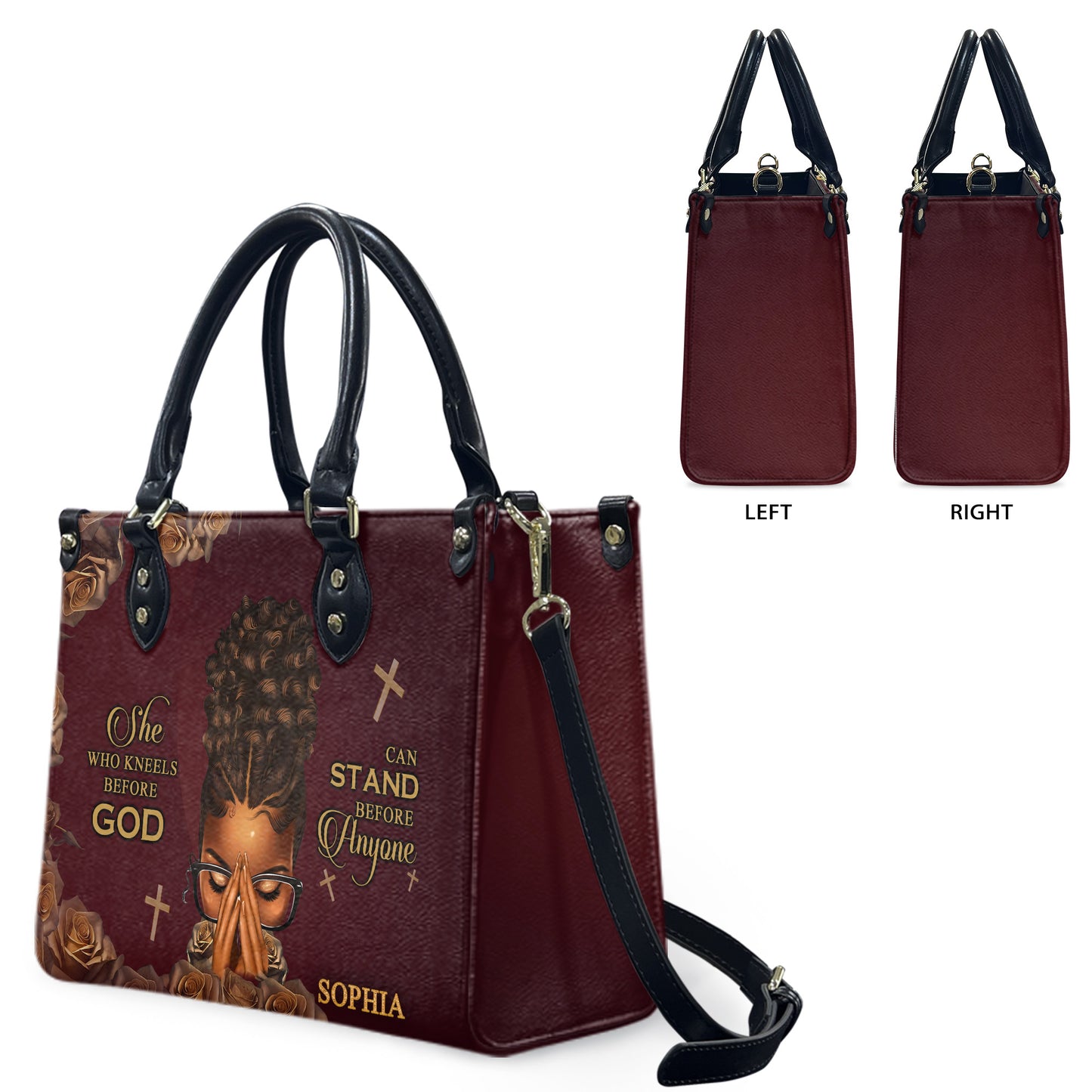She Who Kneels Before God Can Stand Before Anyone (Maroon) - Personalized Leather Handbag YA1-Ha