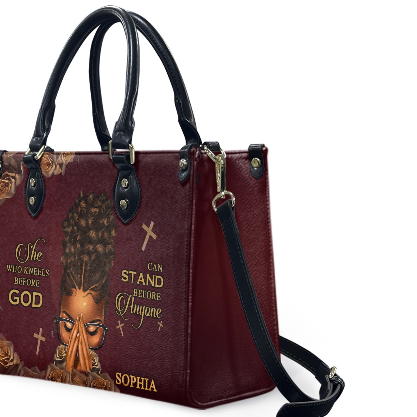 She Who Kneels Before God Can Stand Before Anyone (Maroon) - Personalized Leather Handbag YA1-Ha