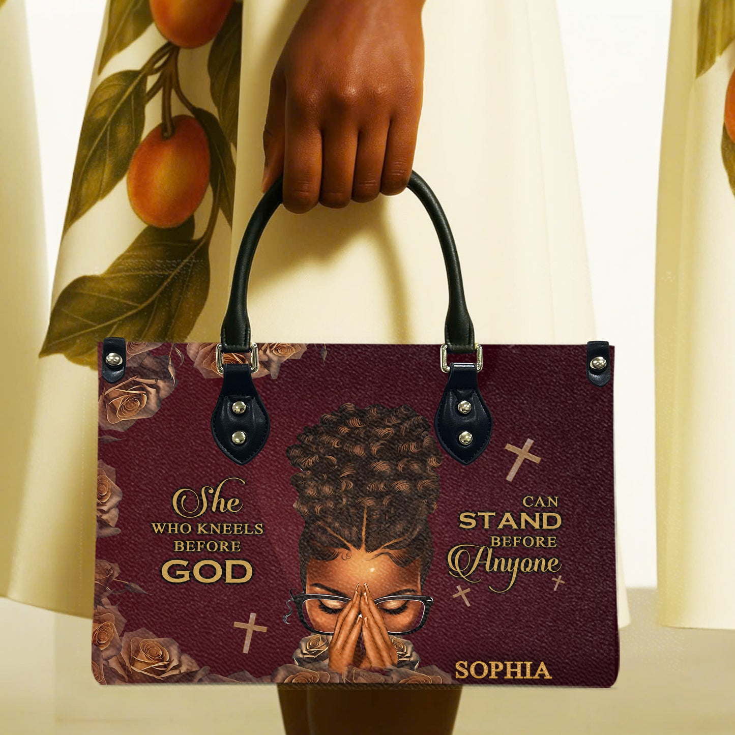 She Who Kneels Before God Can Stand Before Anyone (Maroon) - Personalized Leather Handbag YA1-Ha