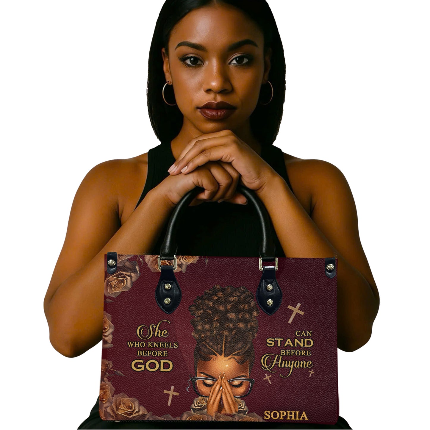 She Who Kneels Before God Can Stand Before Anyone (Maroon) - Personalized Leather Handbag YA1-Ha