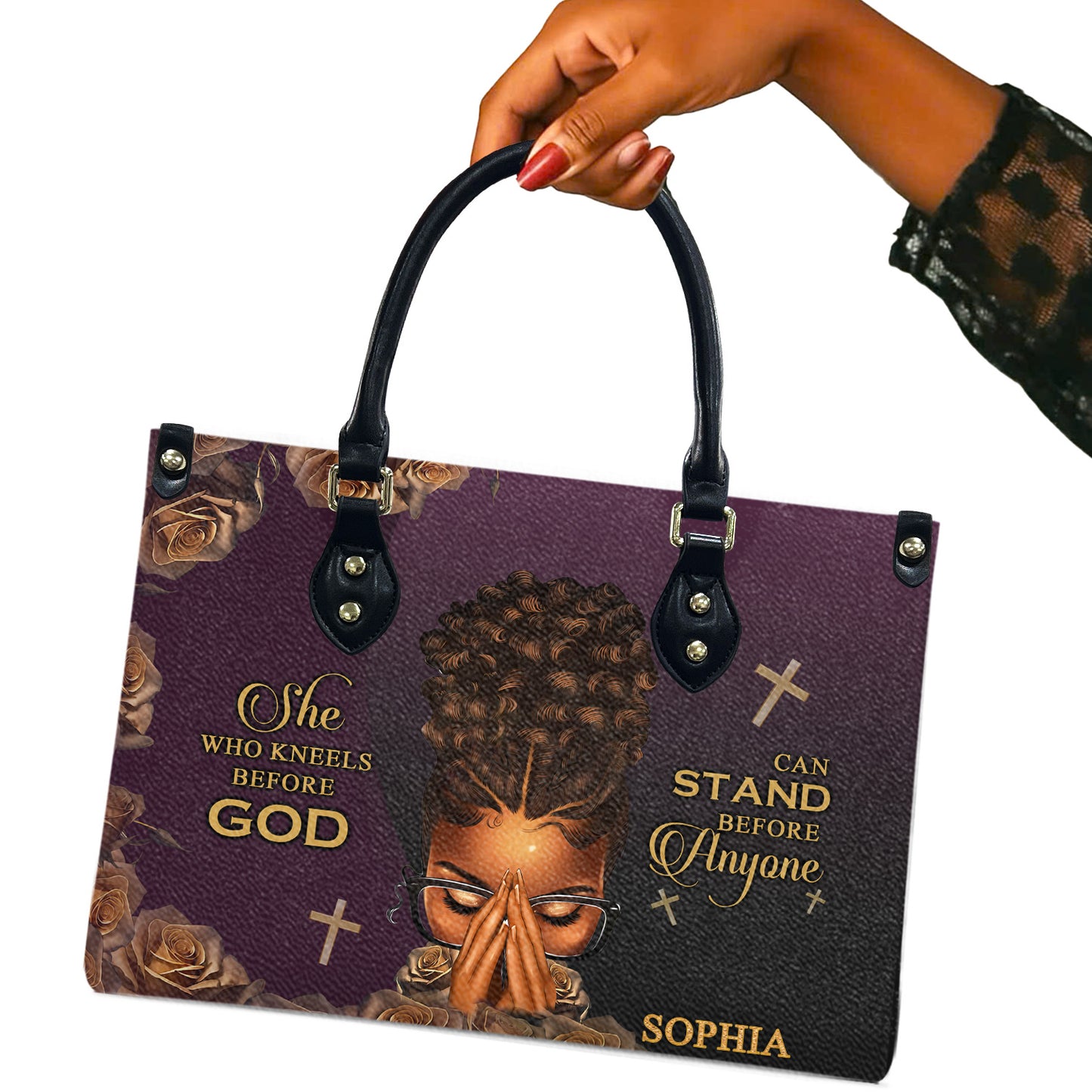 She Who Kneels Before God Can Stand Before Anyone (Purple) - Personalized Leather Handbag YA1-Ha