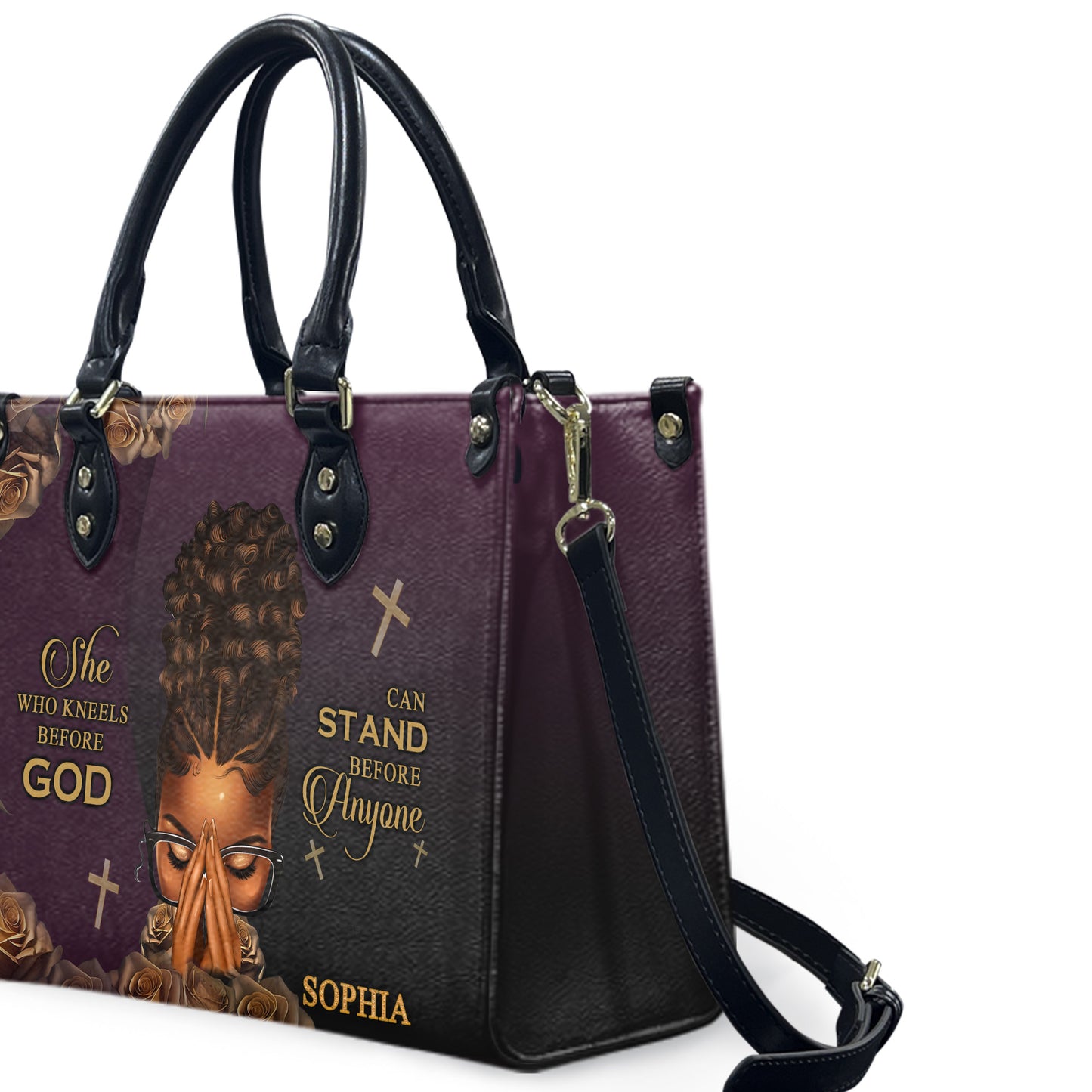 She Who Kneels Before God Can Stand Before Anyone (Purple) - Personalized Leather Handbag YA1-Ha