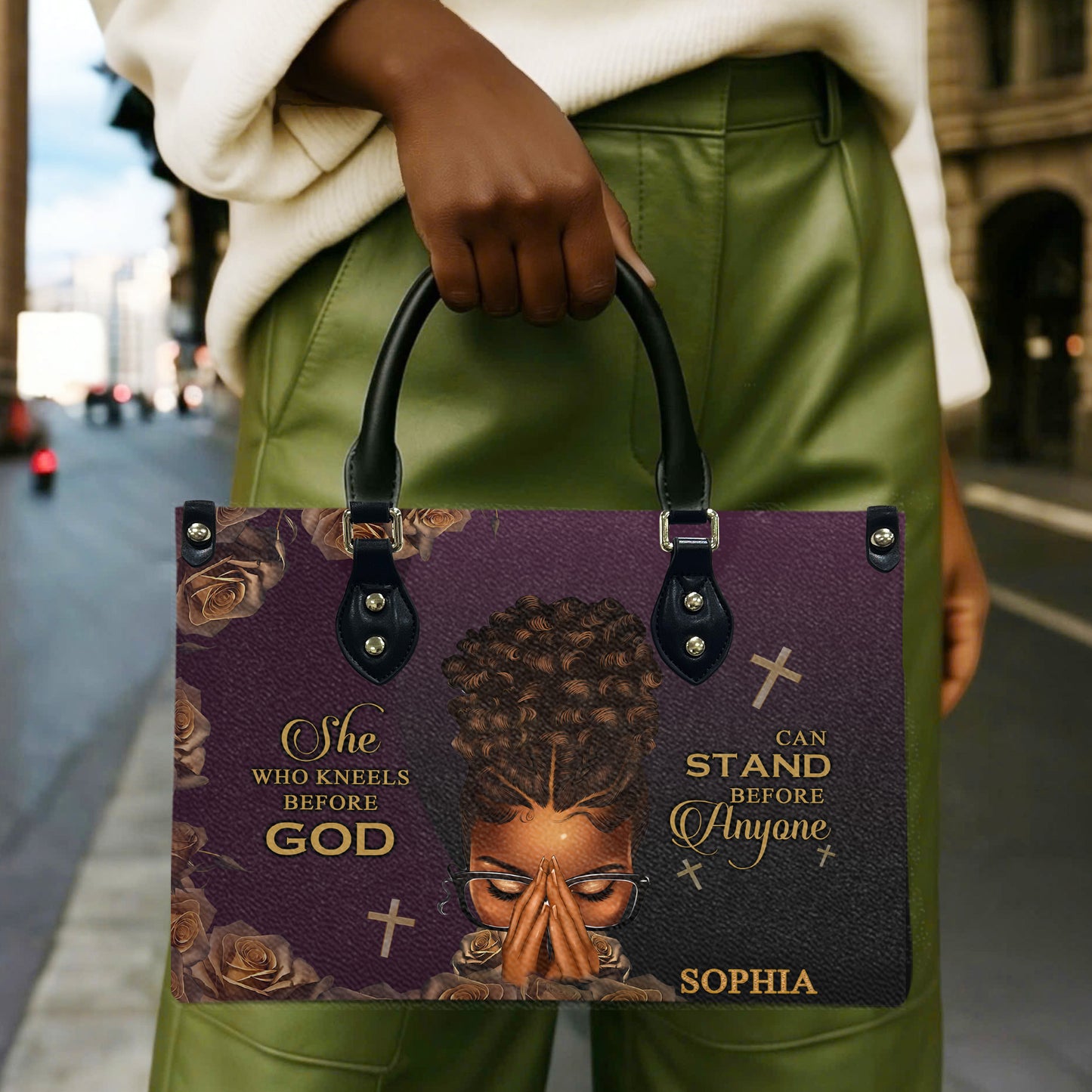 She Who Kneels Before God Can Stand Before Anyone (Purple) - Personalized Leather Handbag YA1-Ha