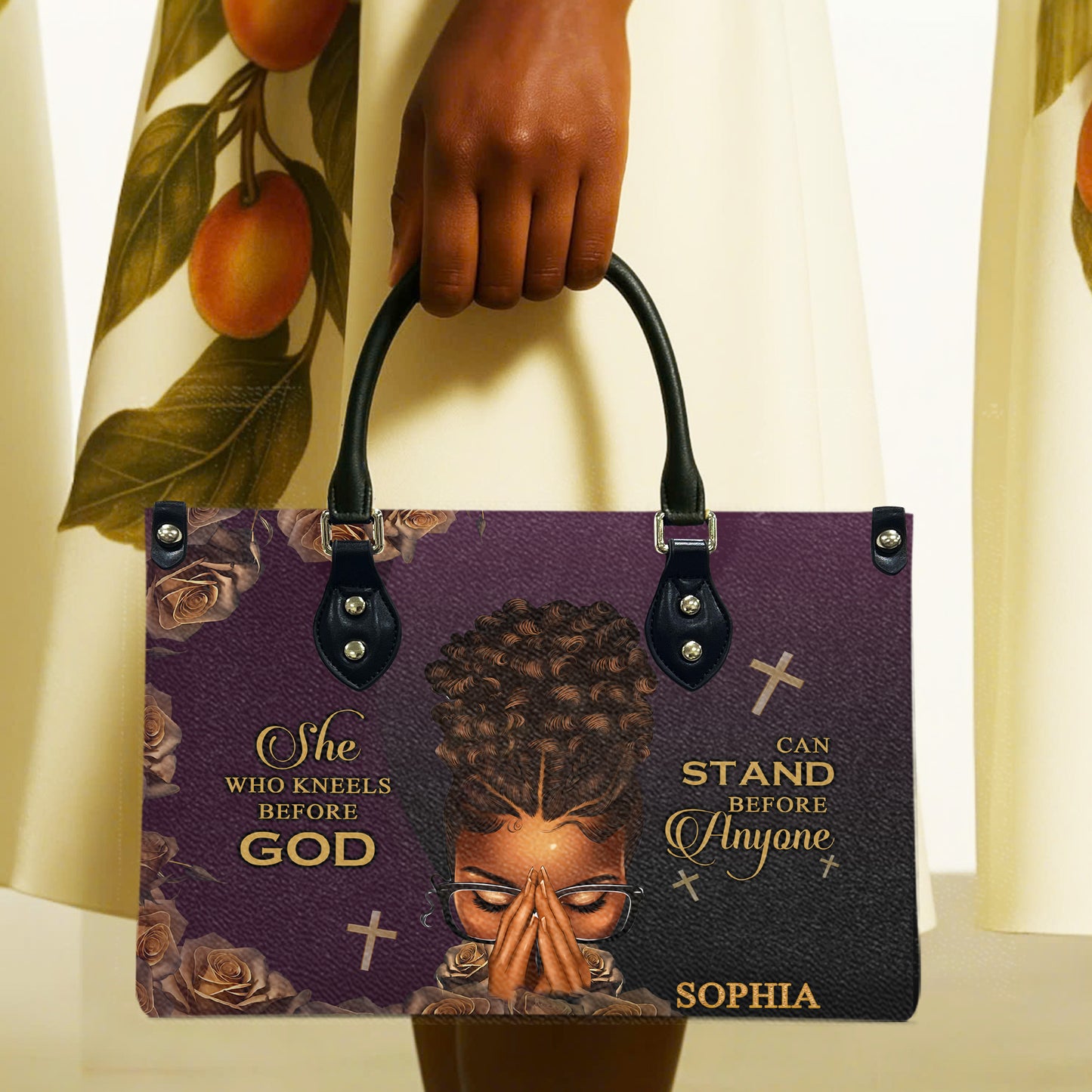 She Who Kneels Before God Can Stand Before Anyone (Purple) - Personalized Leather Handbag YA1-Ha