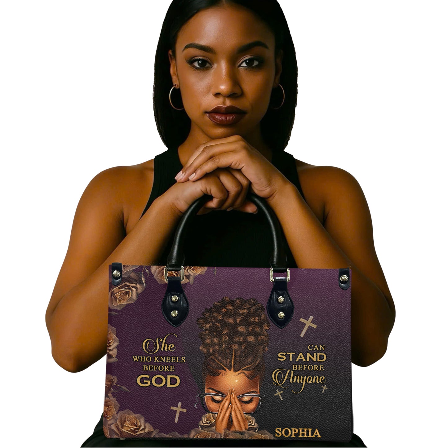 She Who Kneels Before God Can Stand Before Anyone (Purple) - Personalized Leather Handbag YA1-Ha