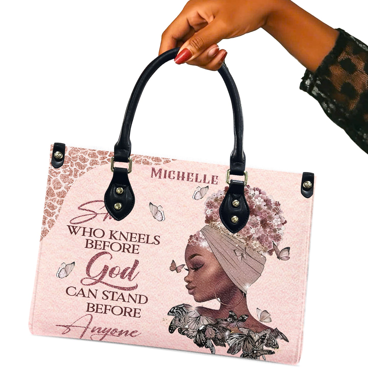 She Who Kneels Before God Can Stand Before Anyone (Pink) - Personalized Leather Handbag YA2-Ha