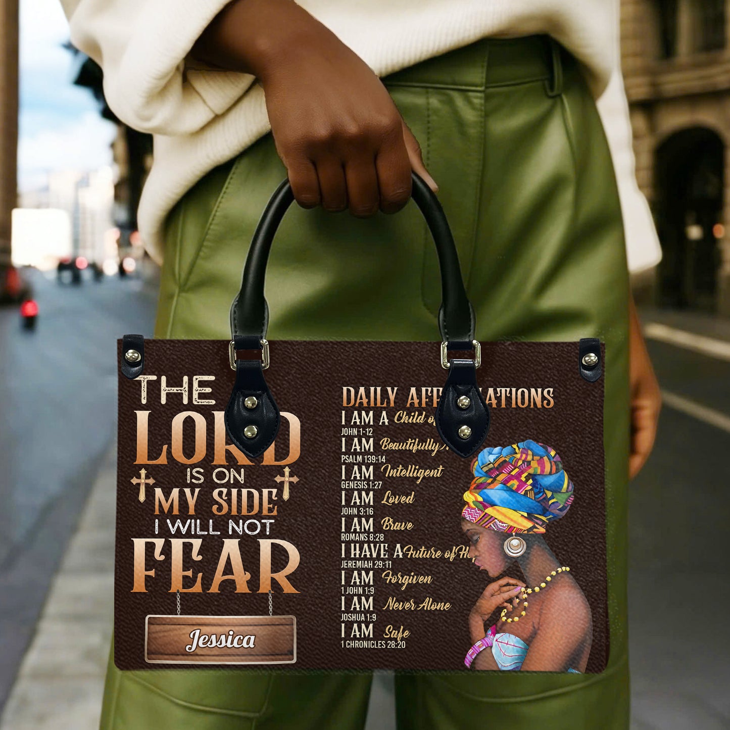 The Lord Is On My Side I Will Not Fear (Wood Brown) - Personalized Leather Handbag YA1-Ha