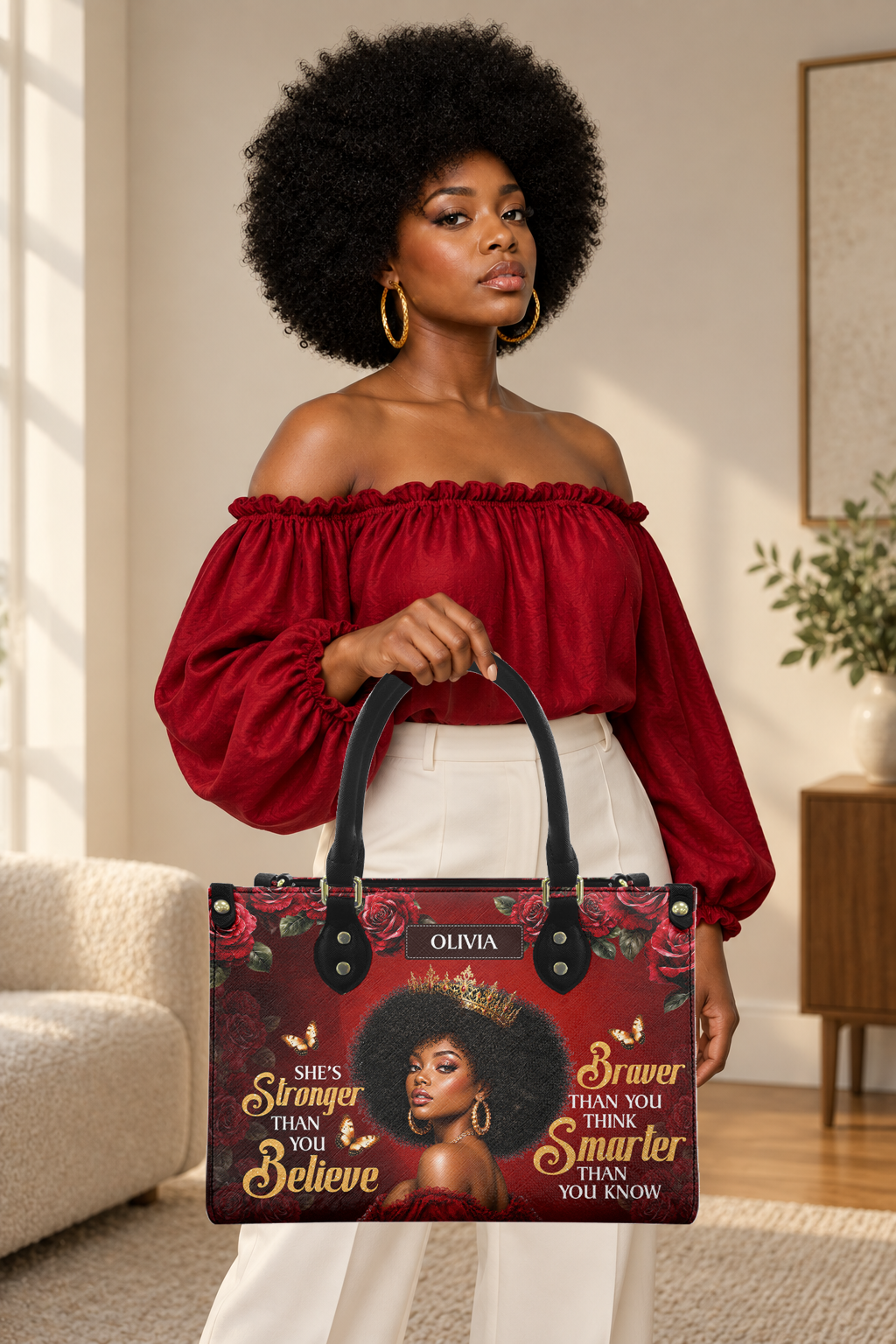 Illustrative finished handbag with the same person and original bag design