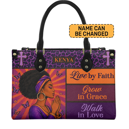 Personalized Live By Faith – V1 Leather Handbag — D01 product image