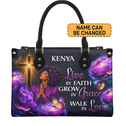Personalized Live By Faith – V2 Leather Handbag — D01 product image