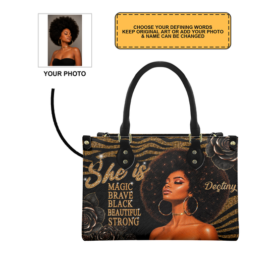 Personalized She Is – Black Queen Leather Handbag — D13 product image