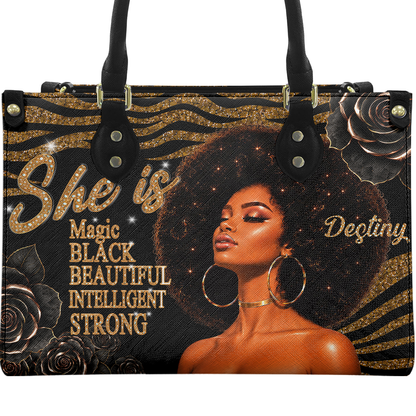 Personalized She Is – Black Queen Leather Handbag — A09 product image
