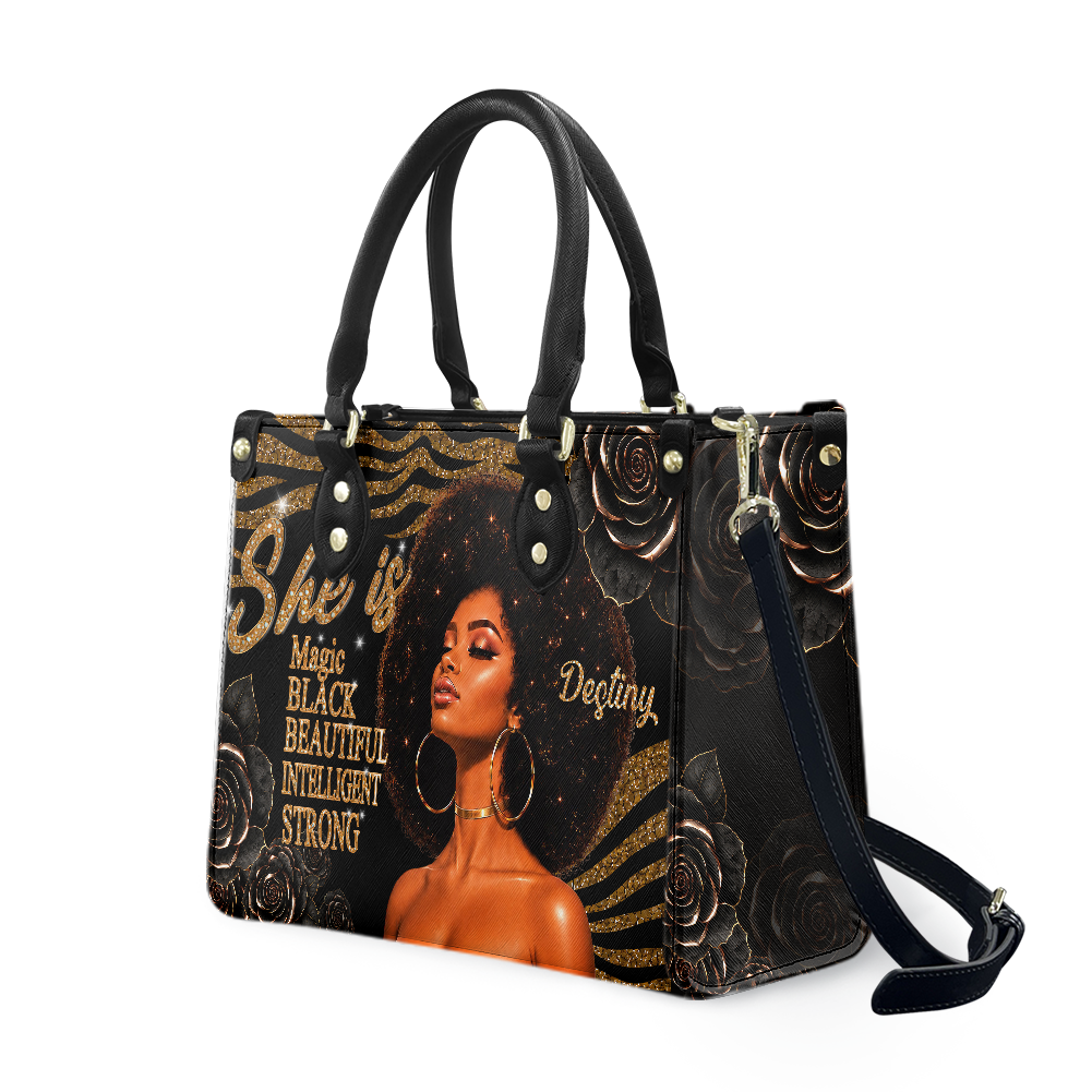Personalized She Is – Black Queen Leather Handbag — A03 product image