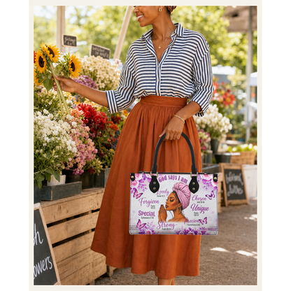 Personalized God Says I Am – V2 Leather Handbag — C01 product image