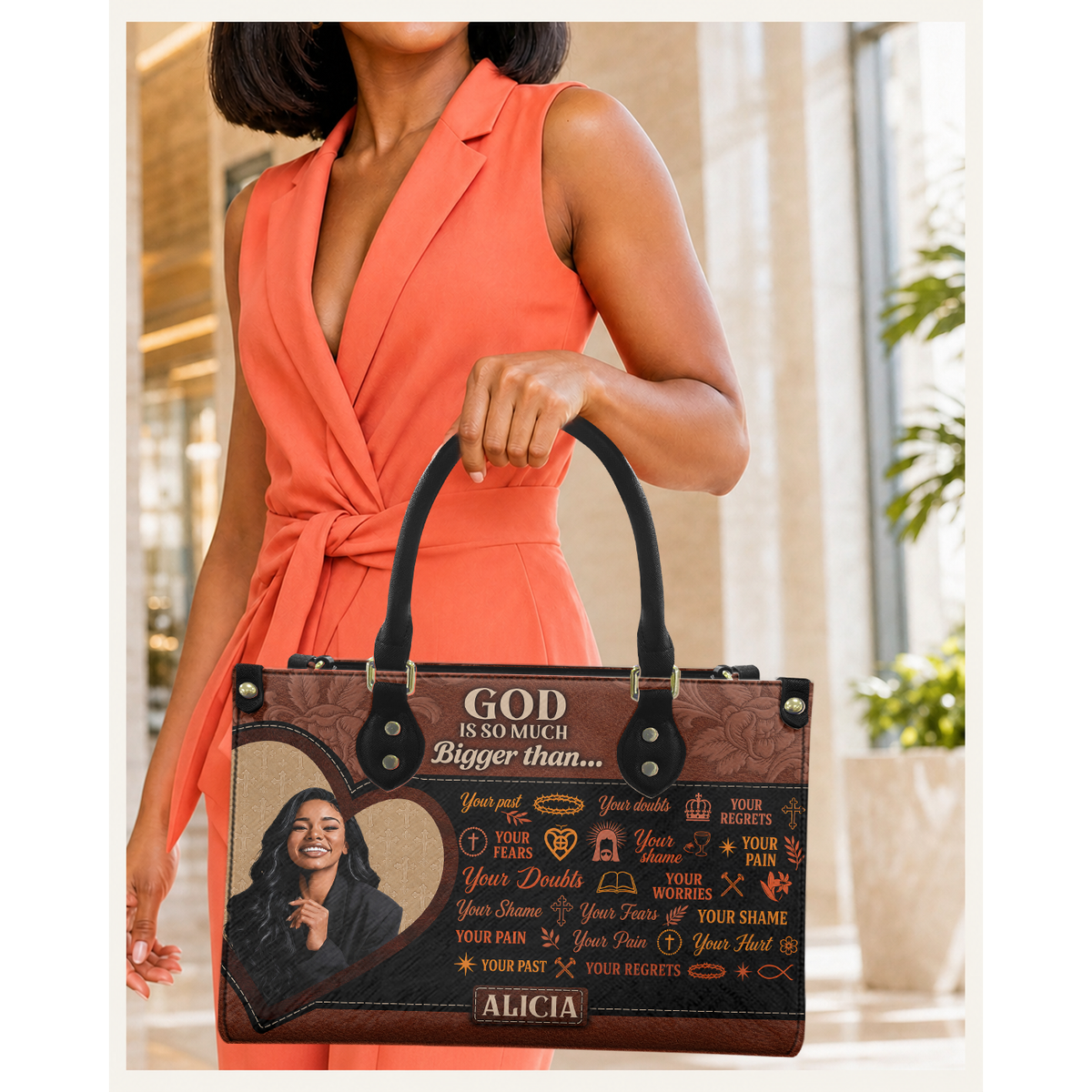 Personalized God Is Bigger Than Leather Handbag — C08 product image