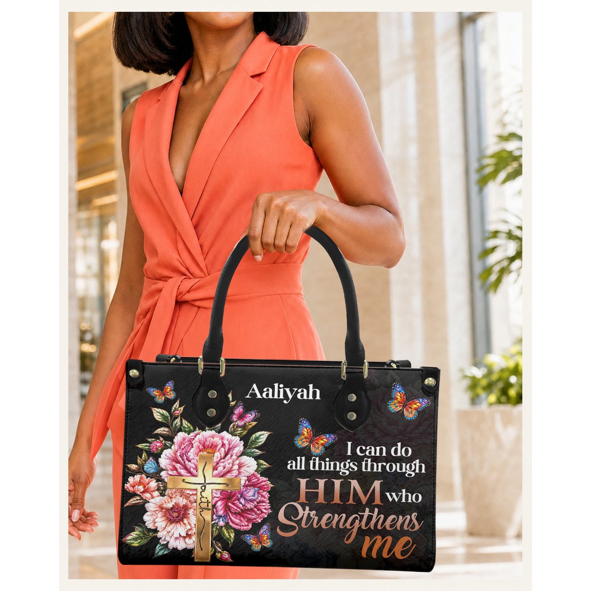 Personalized I Can Do All Things Through Christ Leather Handbag — C08 product image