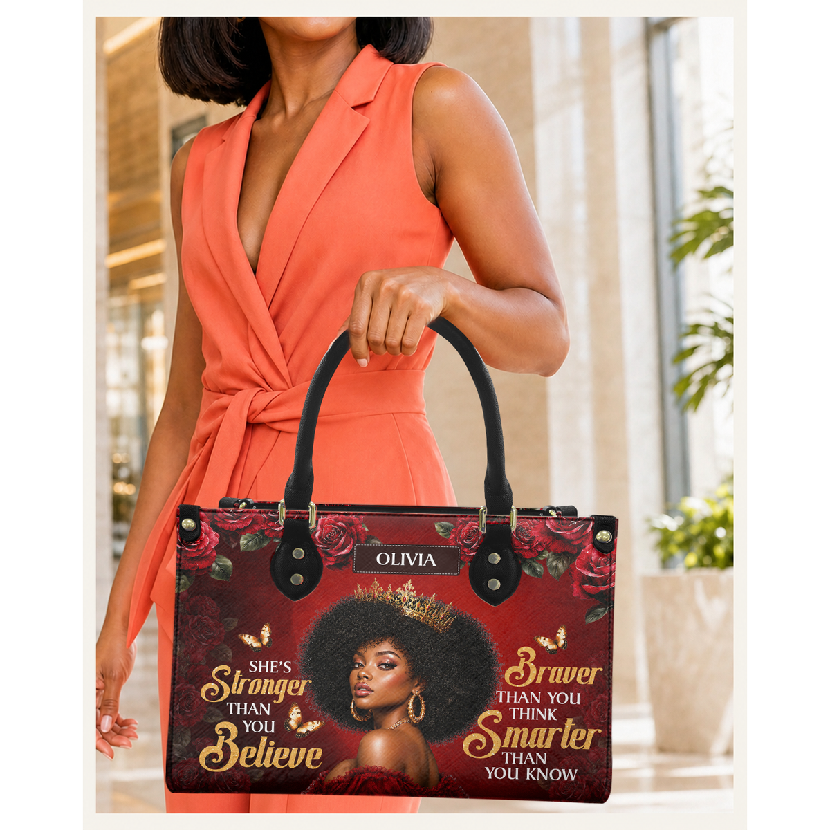 Personalized Stronger, Braver, Smarter Leather Handbag — C08 product image