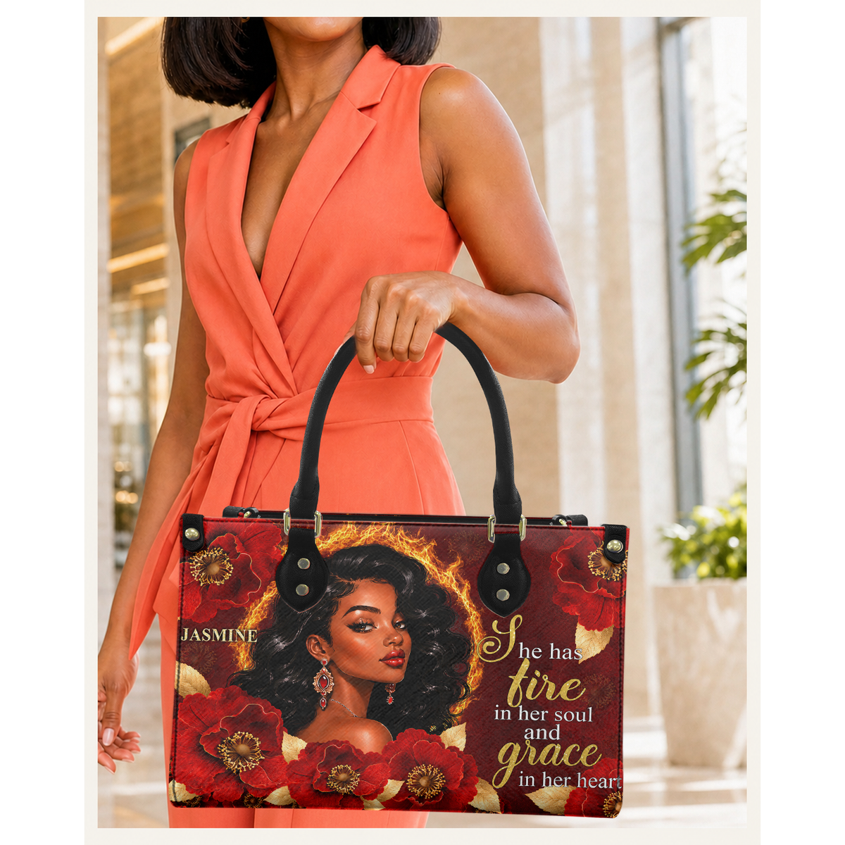 Personalized Fire In Her Soul, Grace In Her Heart Leather Handbag — C08 product image
