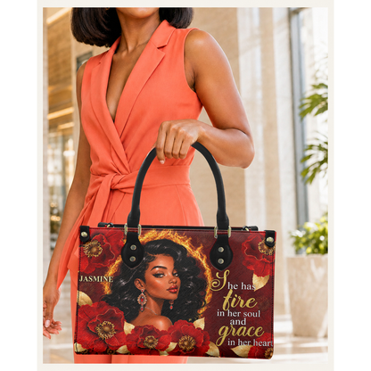 Personalized Fire In Her Soul, Grace In Her Heart Leather Handbag — C08 product image
