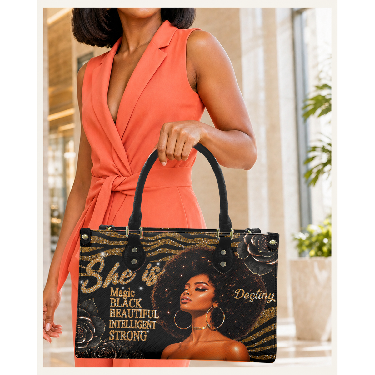 Personalized She Is – Black Queen Leather Handbag — C08 product image